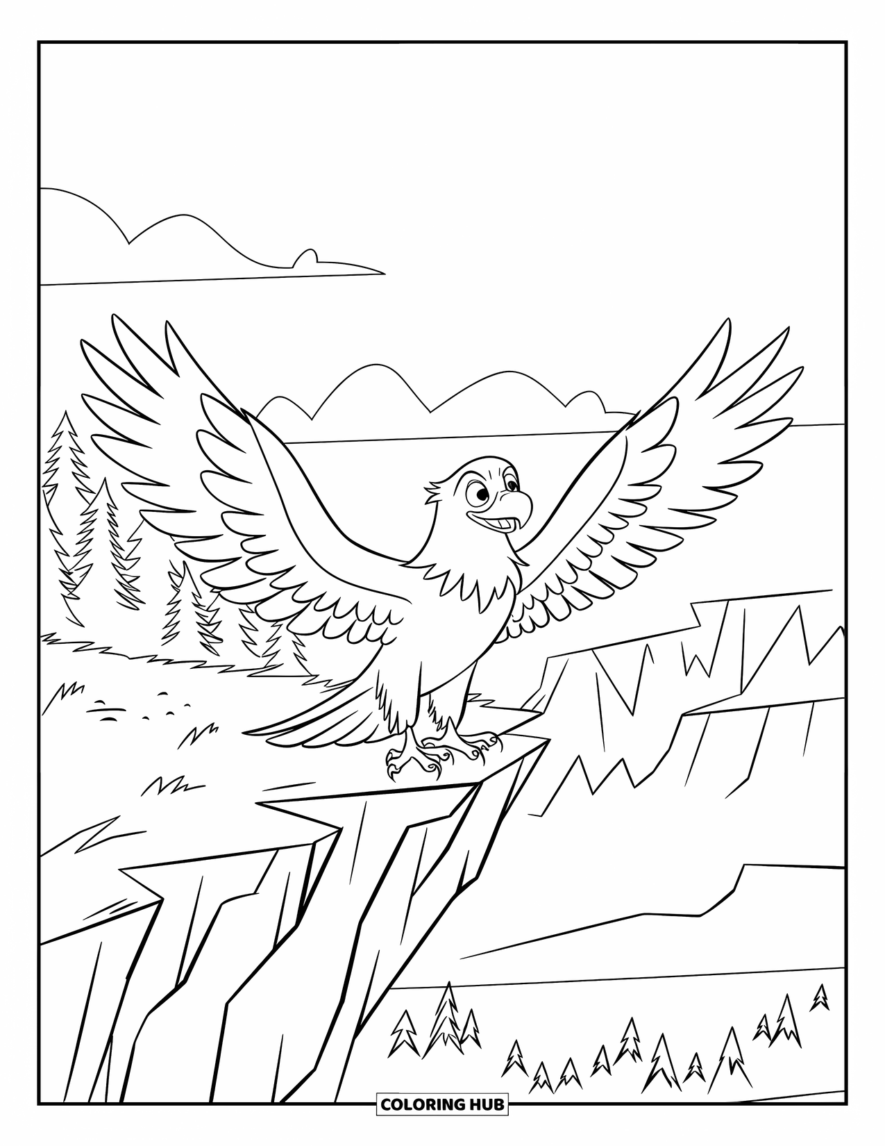Coloriage d'aigle pour enfants : Un aigle déploie ses ailes au sommet d'une falaise déchiquetée au-dessus d'une forêt