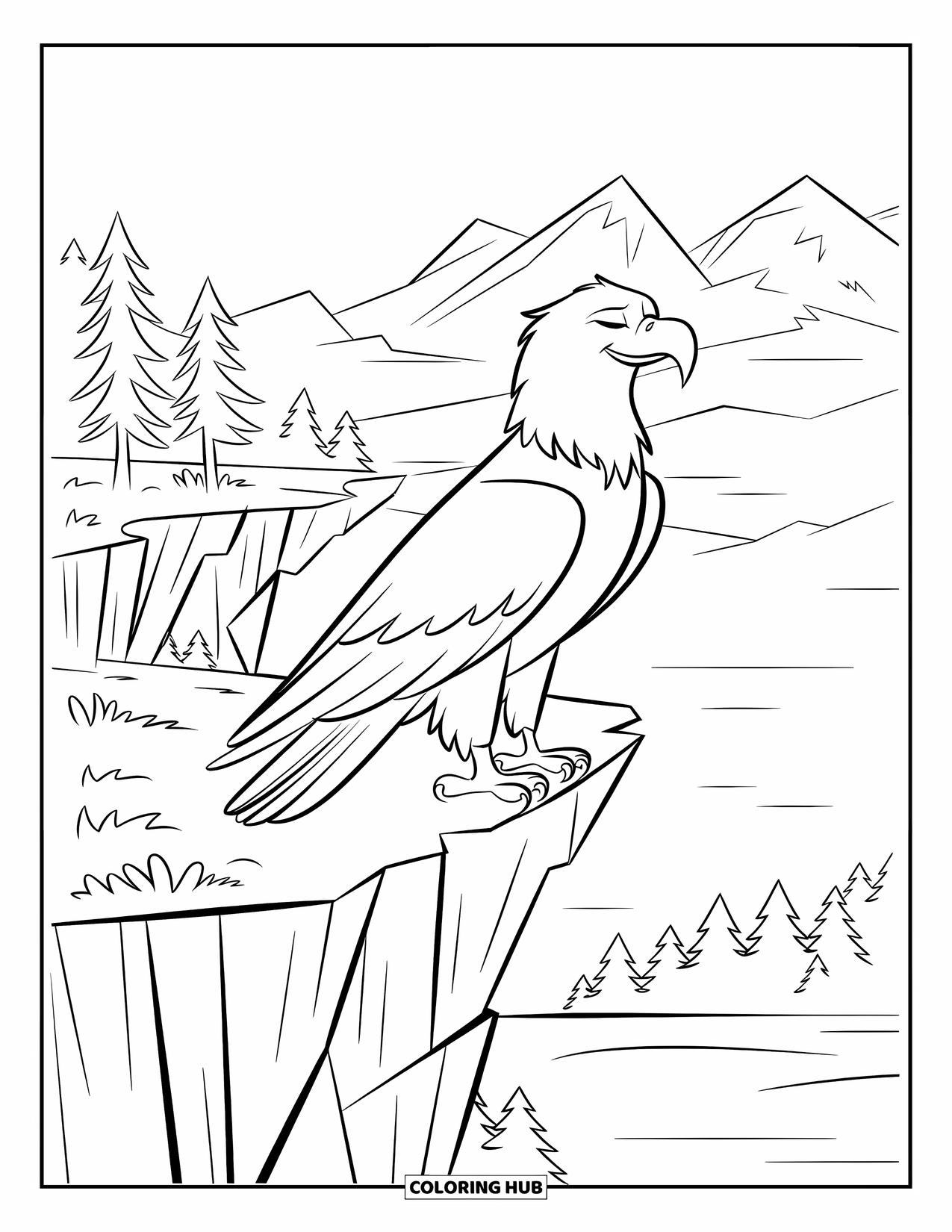 Coloriage d'aigle pour enfants : Un aigle se tient au bord d'une falaise surplombant de vastes montagnes et des arbres