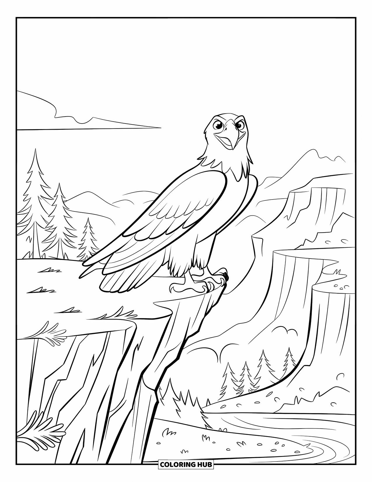 Coloriage d'aigle pour enfants : Un aigle se tient grand sur une falaise rocheuse avec des montagnes, des arbres et une rivière derrière