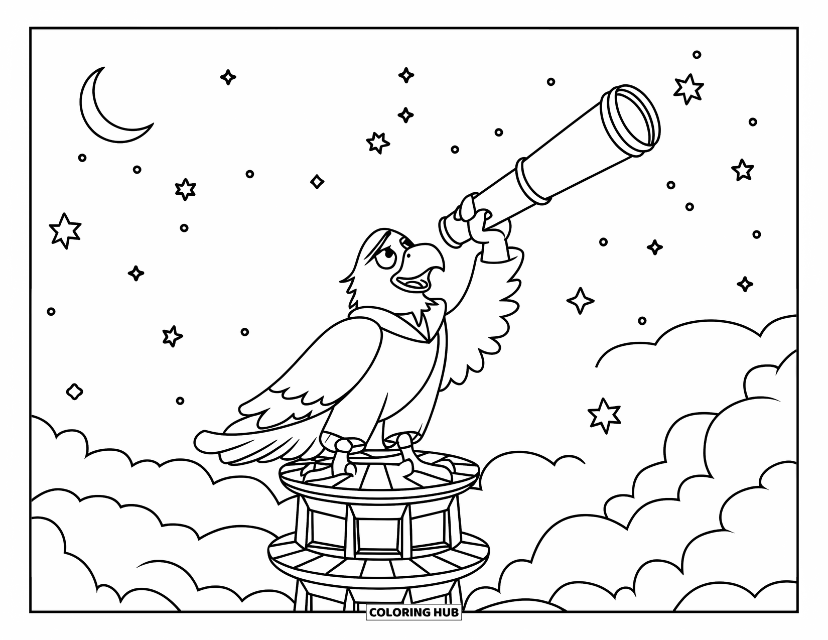 Coloriage d'aigle pour enfants : Un aigle astronome scrute à travers un télescope au sommet d'une haute tour enveloppée de nuages
