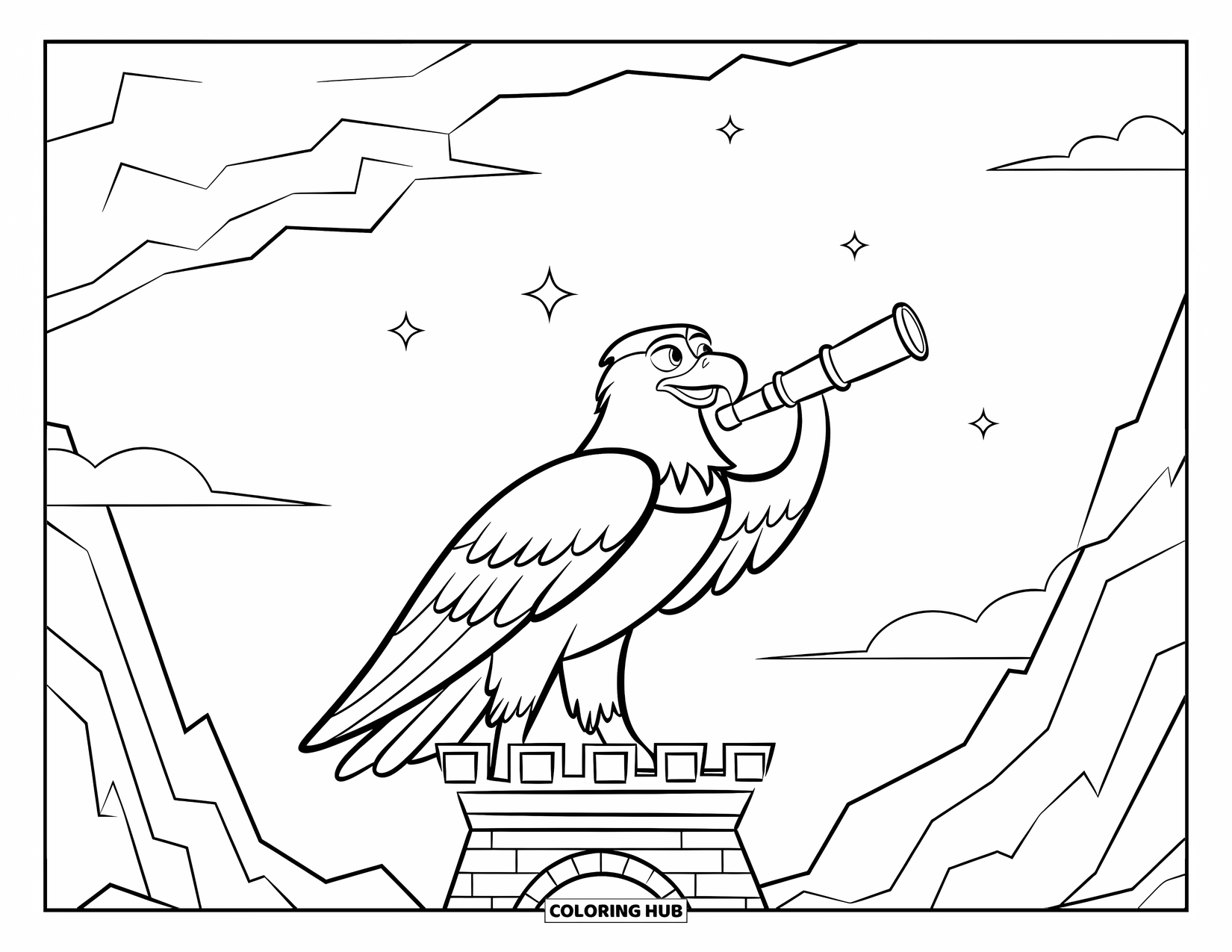 Coloriage d'aigle pour enfants : Un aigle astronome observe les étoiles depuis une tour rocheuse avec un télescope