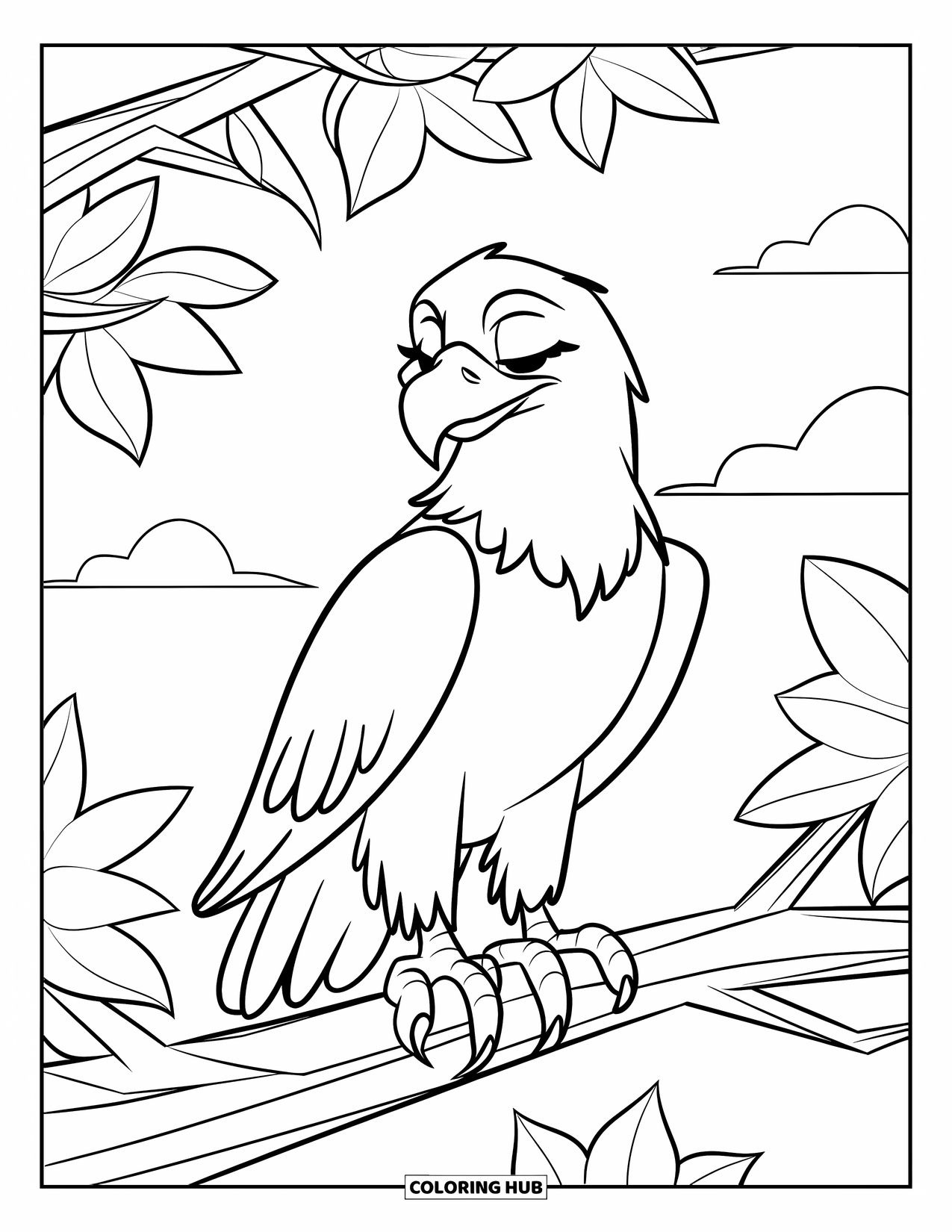 Coloriage d'aigle pour enfants : Un aigle avec les yeux fermés se détend sur une branche d'arbre feuillue sous le ciel