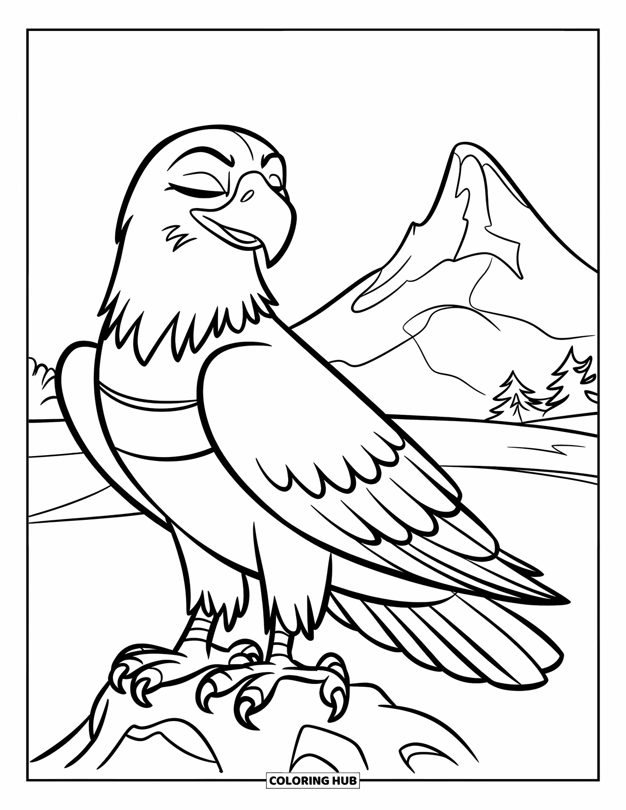 Coloriage d'aigle pour enfants : Un aigle avec les ailes repliées se tient tranquillement à côté d'une montagne