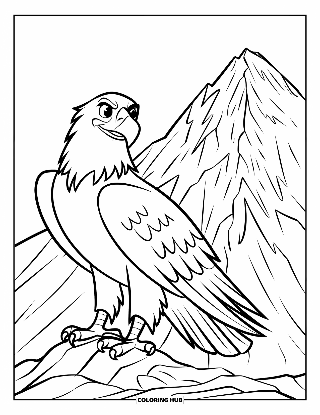 Coloriage d'aigle pour enfants : Un aigle avec les ailes repliées se tient grand à côté de pics montagneux déchiquetés