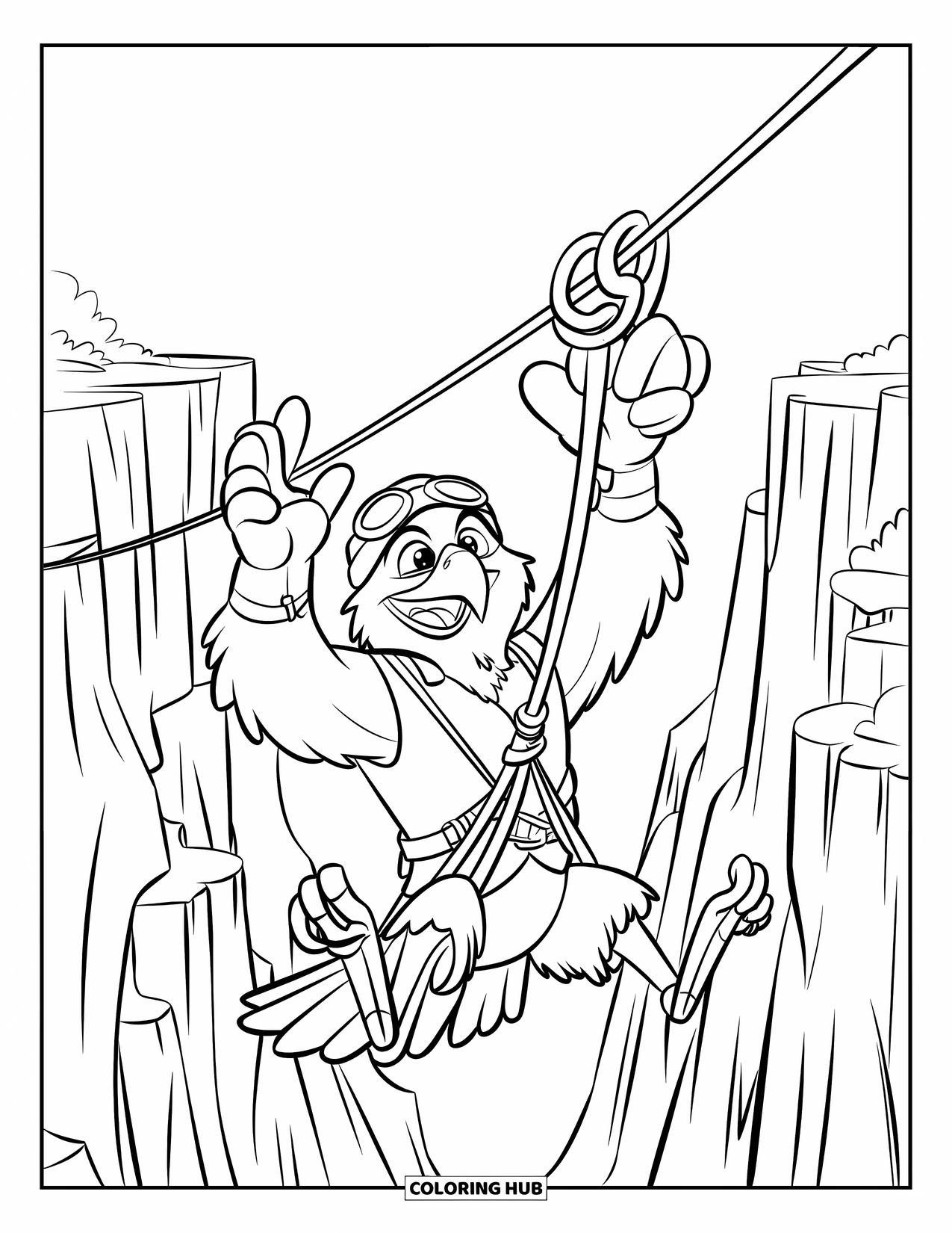 Coloriage d'aigle pour enfants : Un aigle avec des lunettes de protection fait de la tyrolienne à travers un canyon profond avec les bras levés