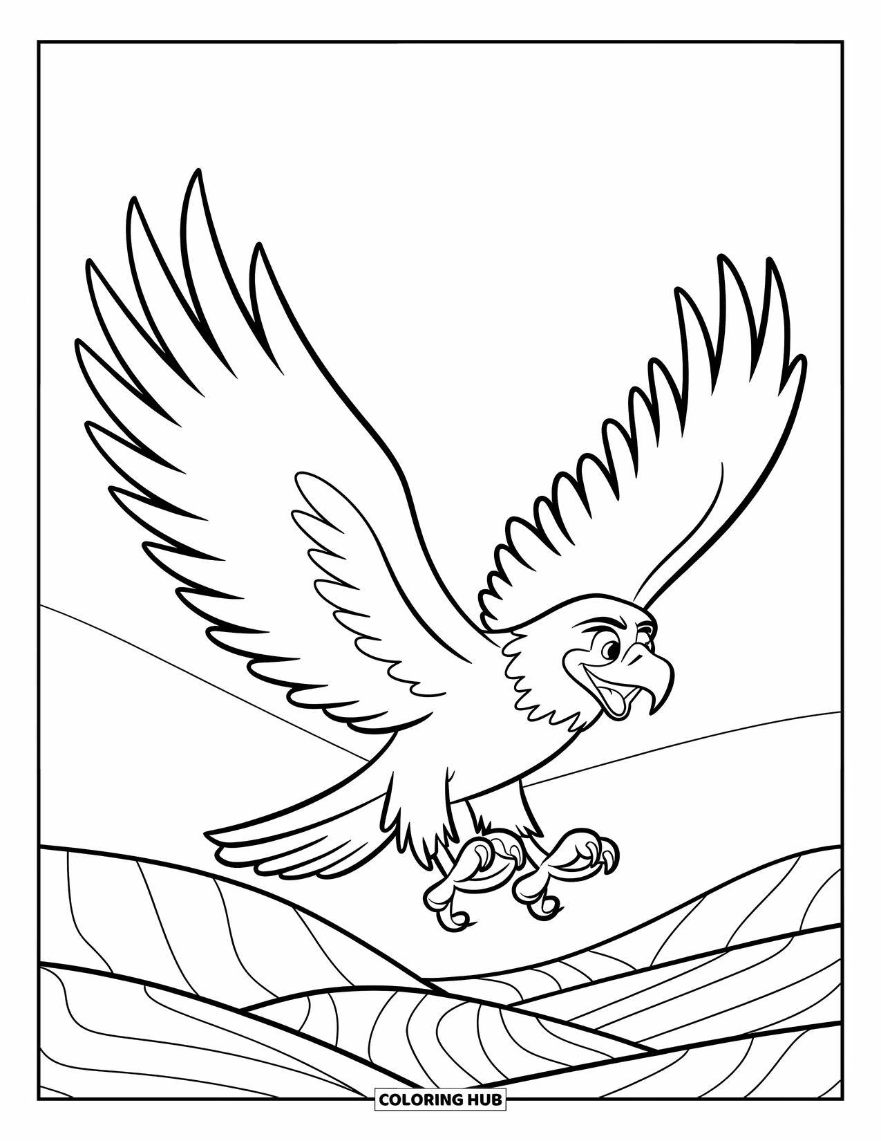 Coloriage d'aigle pour enfants : Un aigle avec les ailes ouvertes vole joyeusement au-dessus de collines et d'arbres accidentés