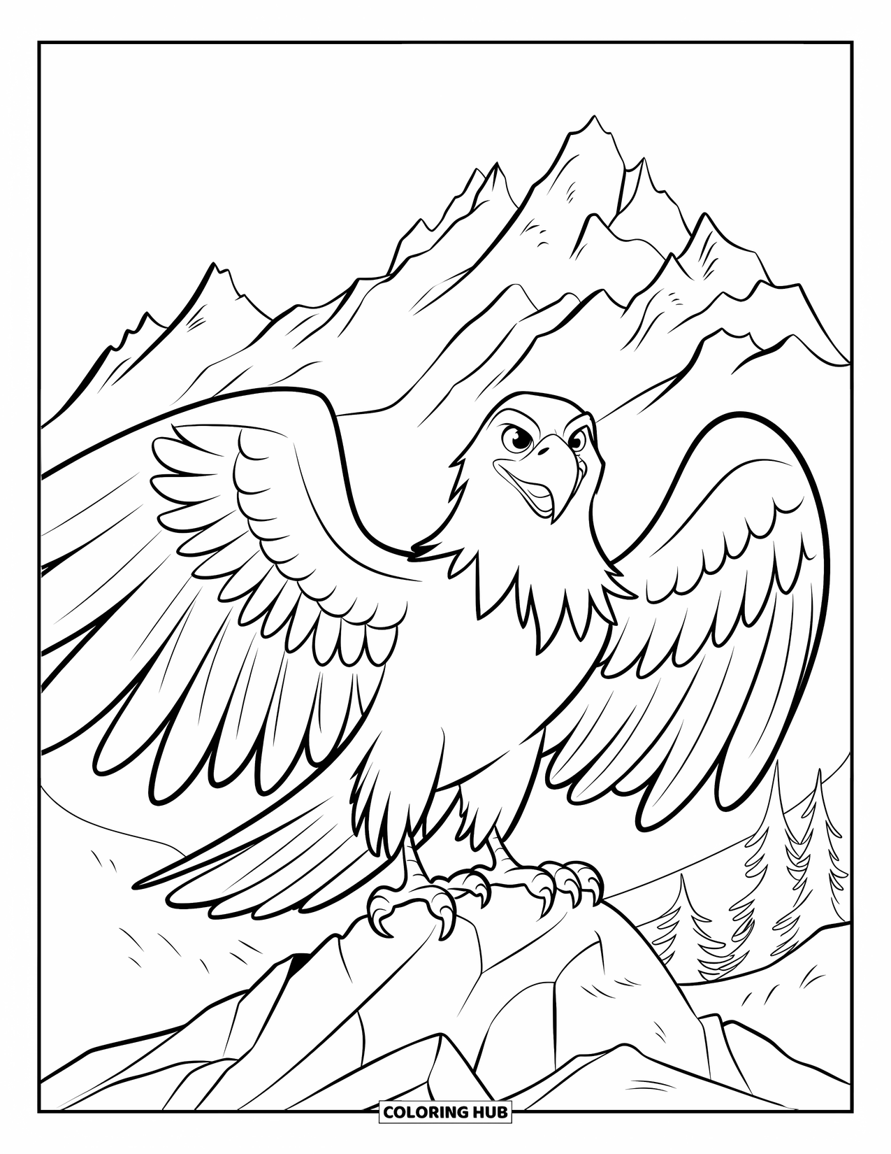 Coloriage d'aigle pour enfants : Un aigle avec des serres acérées déploie ses ailes sur un rebord rocheux
