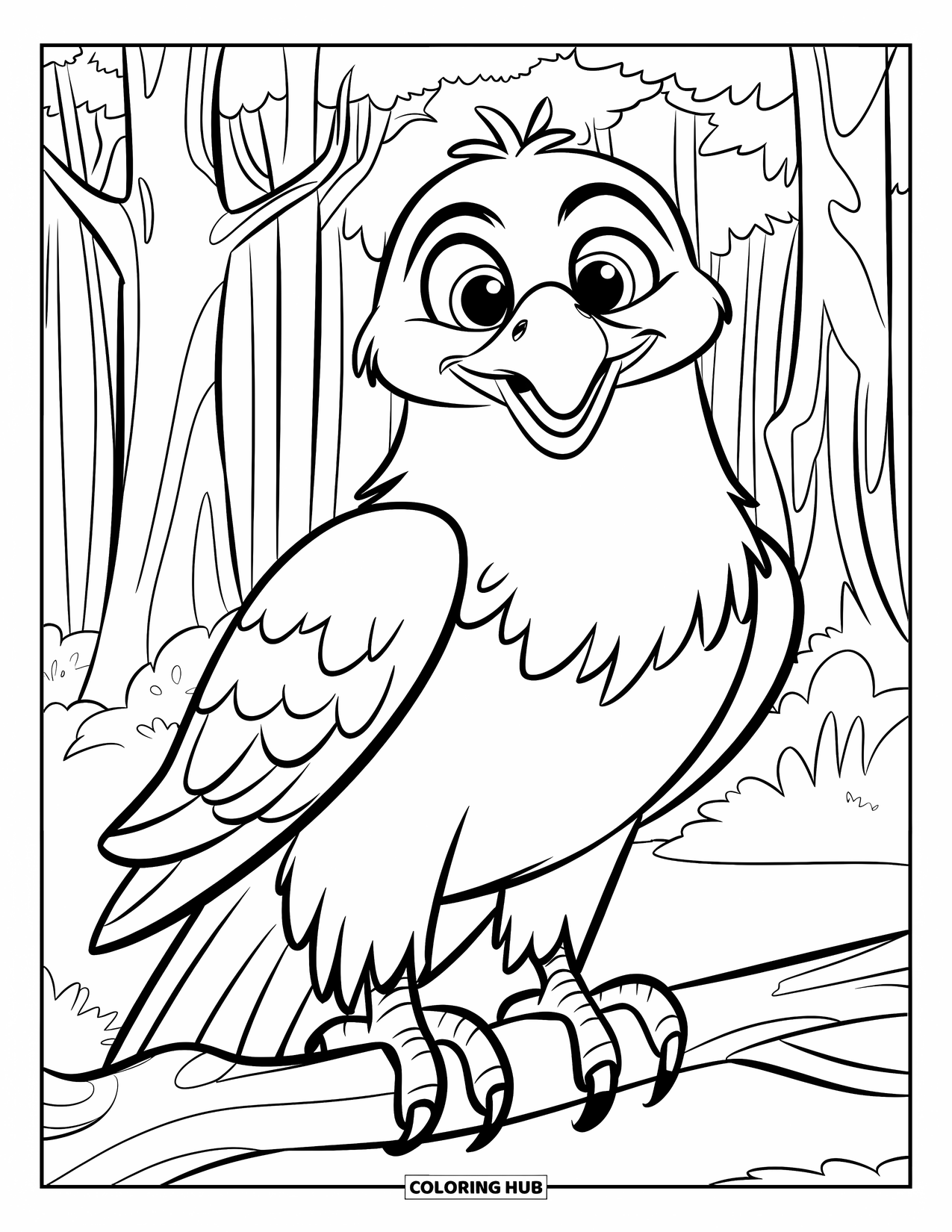 Coloriage d'aigle pour enfants : Un aigle avec de grands yeux est perché parmi de grands arbres dans une forêt