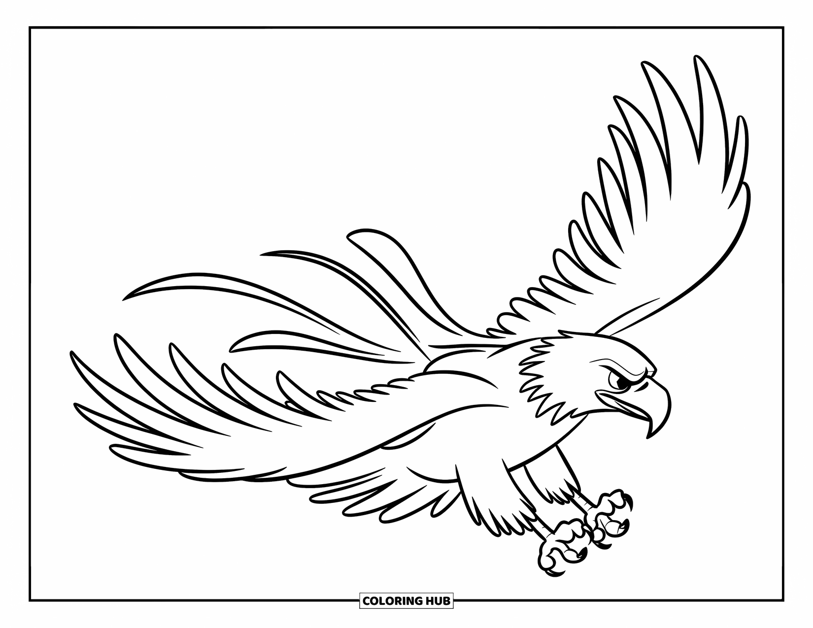 Coloriage d'aigle pour enfants : Un aigle avec de larges ailes vole en avant avec d'élégantes plumes tourbillonnantes