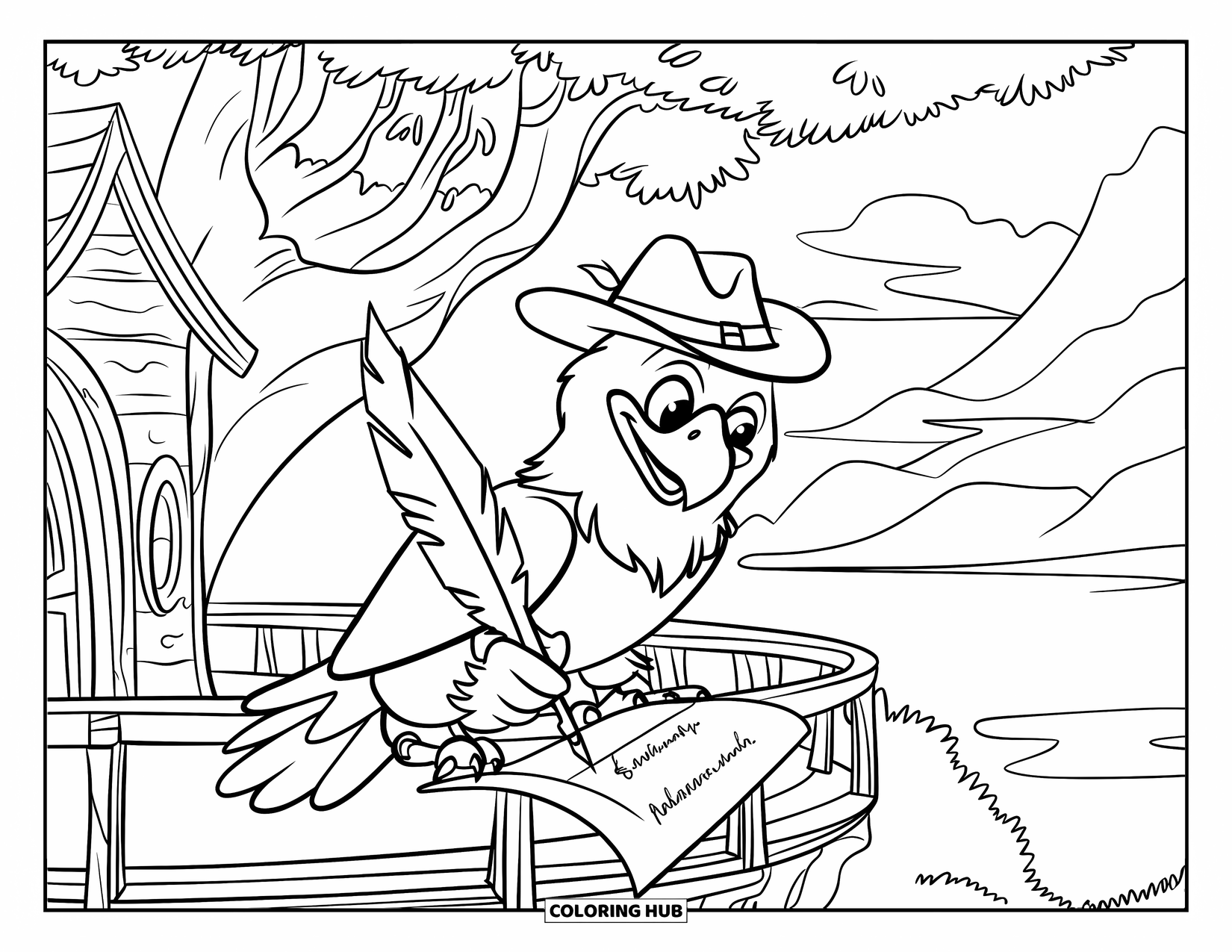 Coloriage d'aigle pour enfants : Un aigle écrivain rédige une lettre sur un balcon de cabane dans les arbres entouré d'arbres