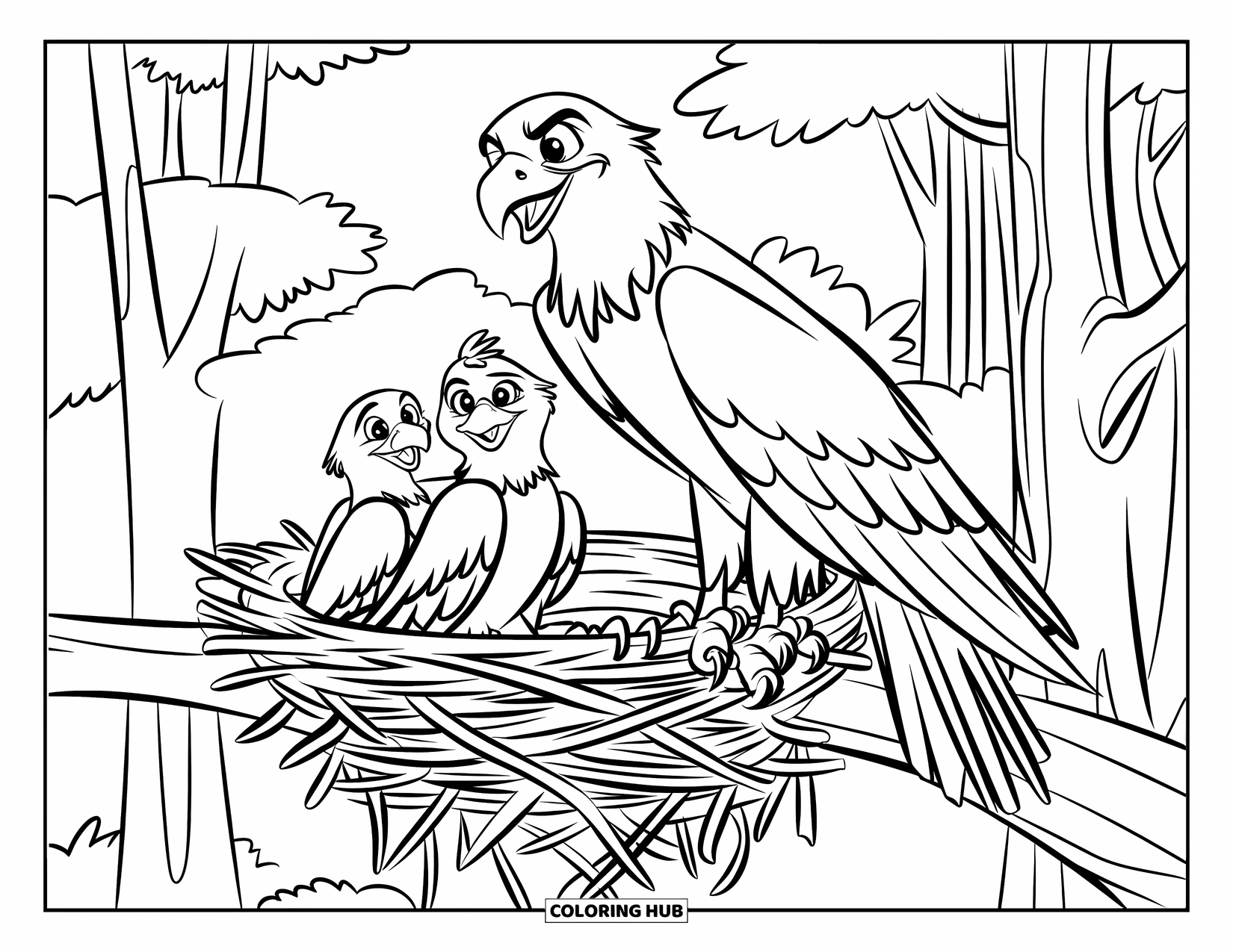 Coloriage d'aigle pour enfants : Deux bébés aigles se reposent dans un nid pendant que maman veille dans une forêt