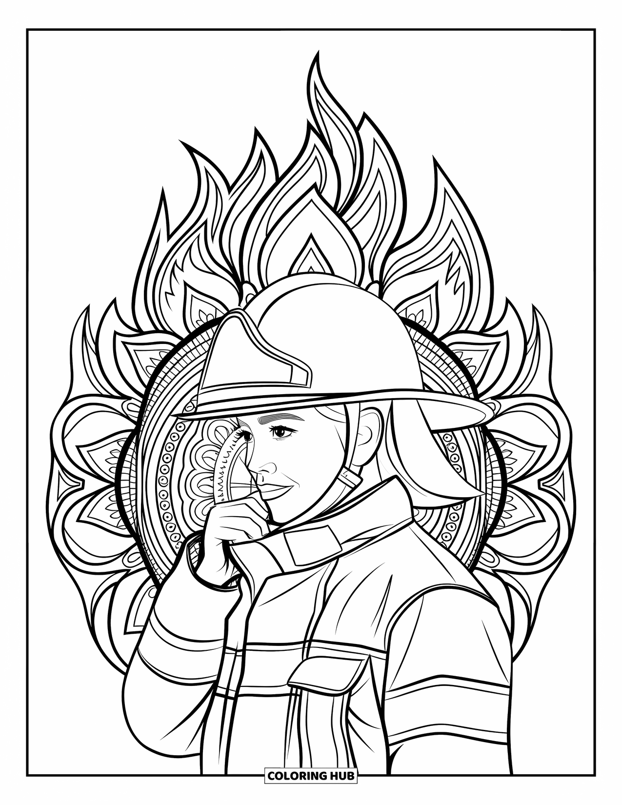 Brandweerman Kleurplaat voor Volwassenen: Een brandweerman past haar helm aan onder een bloemenmandala met brandweerthema