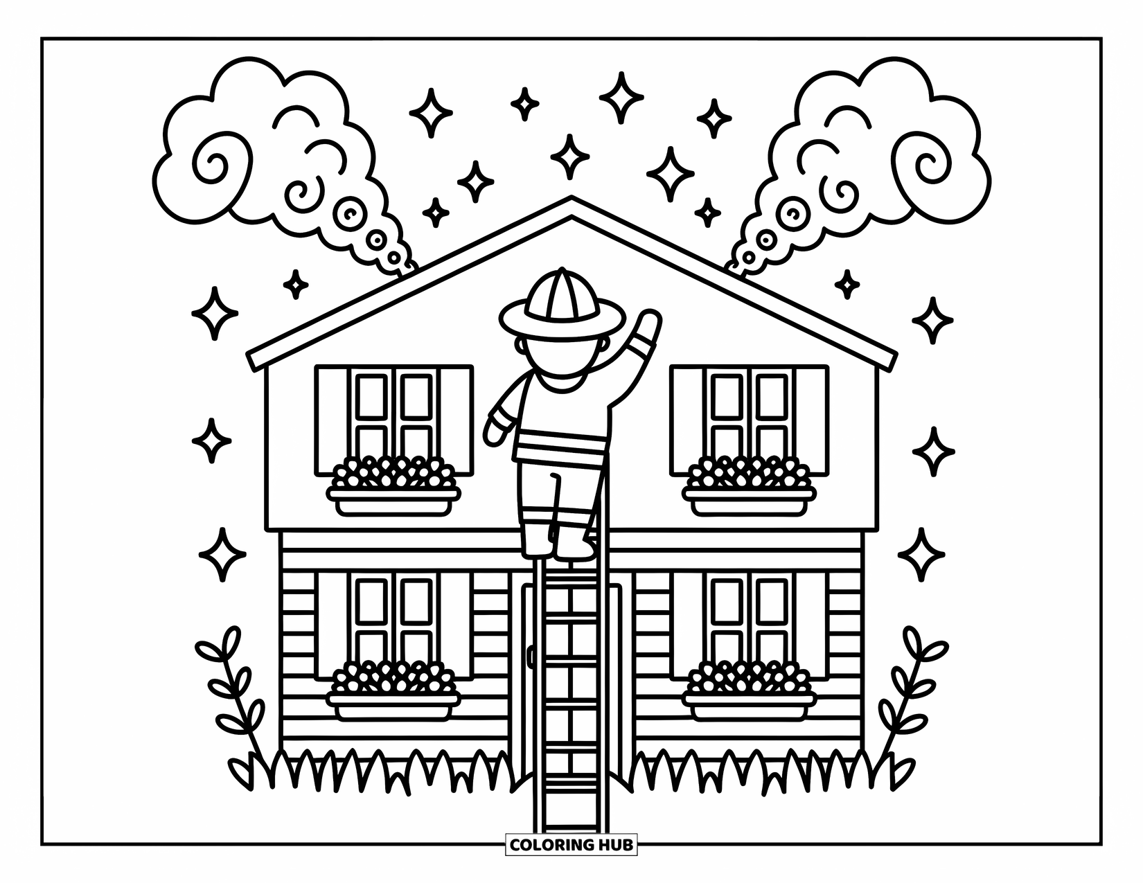 Brandweerman Kleurplaat voor Volwassenen: Een brandweerman richt water op cartoonrook die opstijgt uit een met bloemen gevuld huis