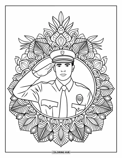 Tegning af brandmand til voksne: En brandmand hilser militært omrammet af blomstrende blomster
