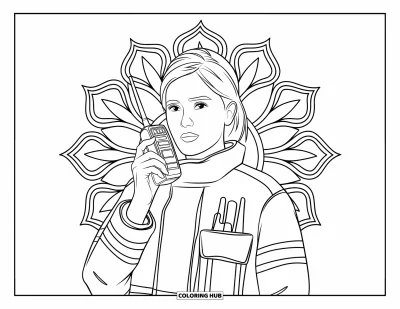 Tegning af brandmand til voksne: En brandmand holder en walkie-talkie omgivet af en blomstermandala