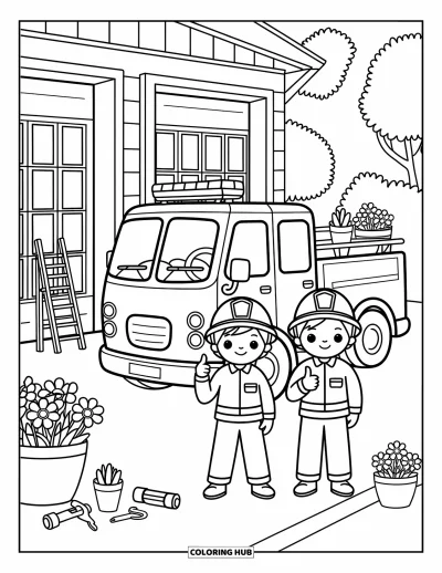 Tegning af brandmand til voksne: En glad brandmandsstyrke står ved en brandbil med blomsterkrukker og småt udstyr