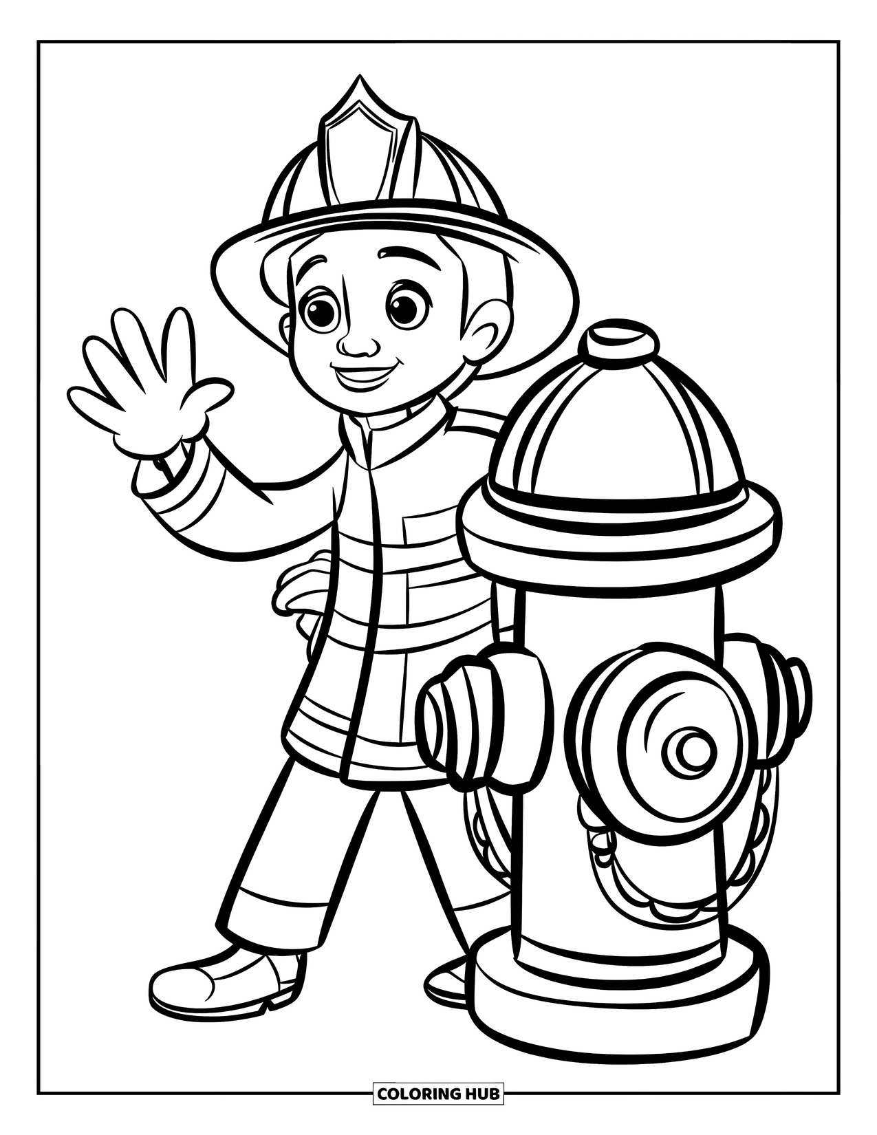 Brandweerman Kleurplaat voor Kinderen: Een vrolijke brandweerman zwaait naast een brandkraan met een heldere helm op