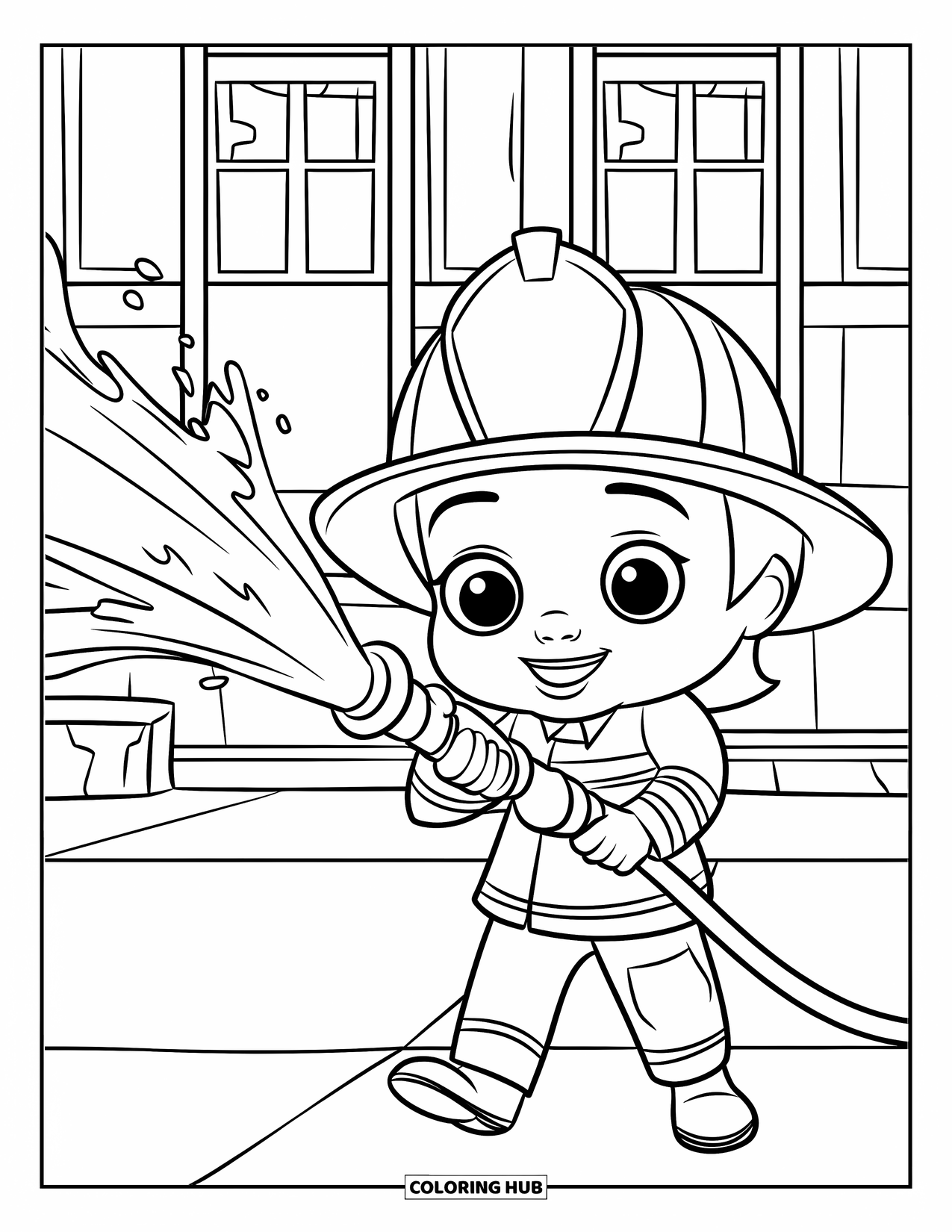 Brandweerman Kleurplaat voor Kinderen: Een schattige brandweerman spuit water uit een slang voor een gebouw