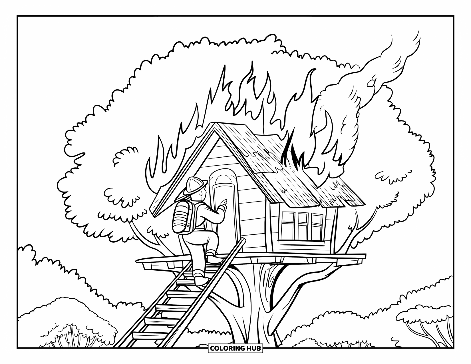 Brandweerman Kleurplaat voor Kinderen: Een brandweerman klimt naar vlammen in een houten boomhut in het bos