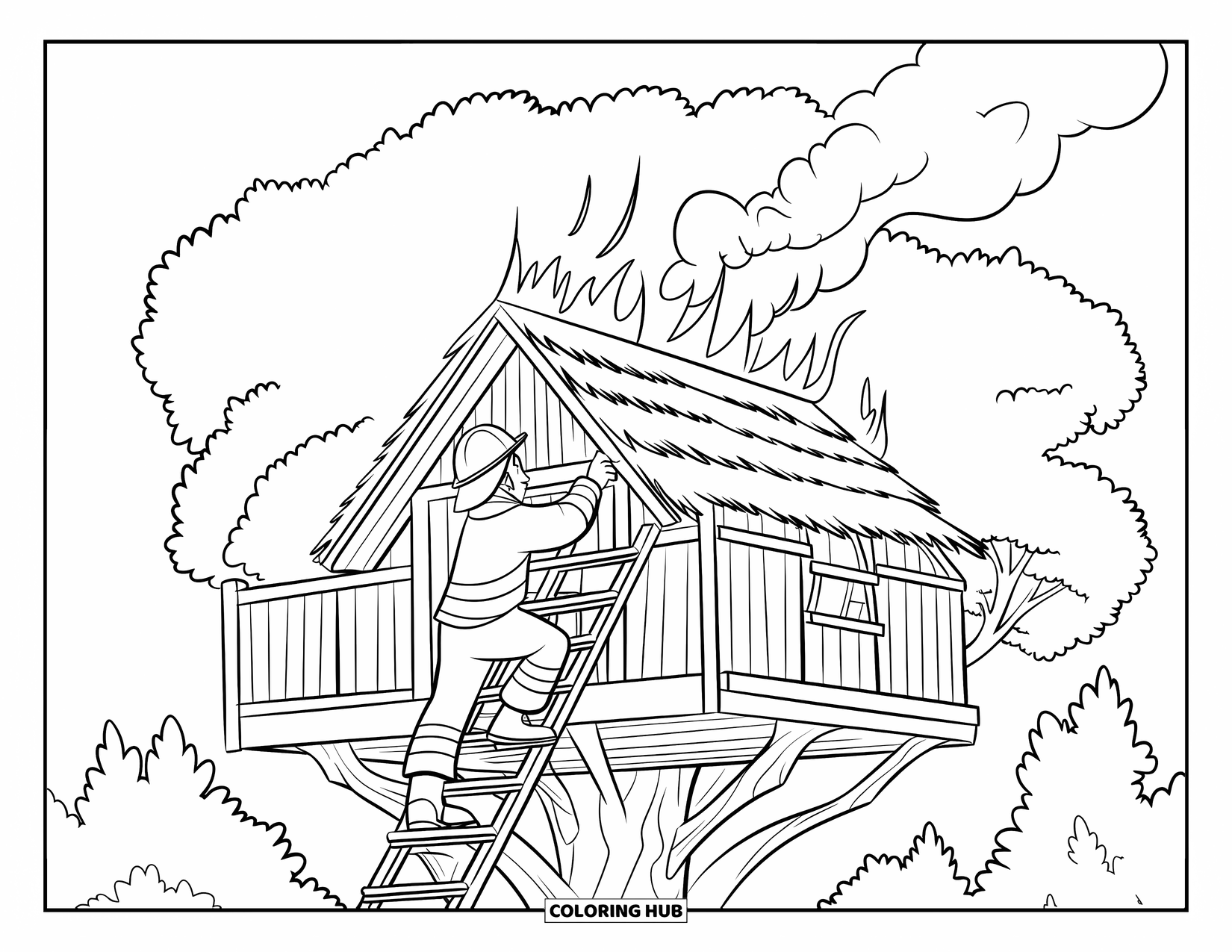 Brandweerman Kleurplaat voor Kinderen: Een brandweerman klimt omhoog om een boomhut te redden van laaiende vlammen