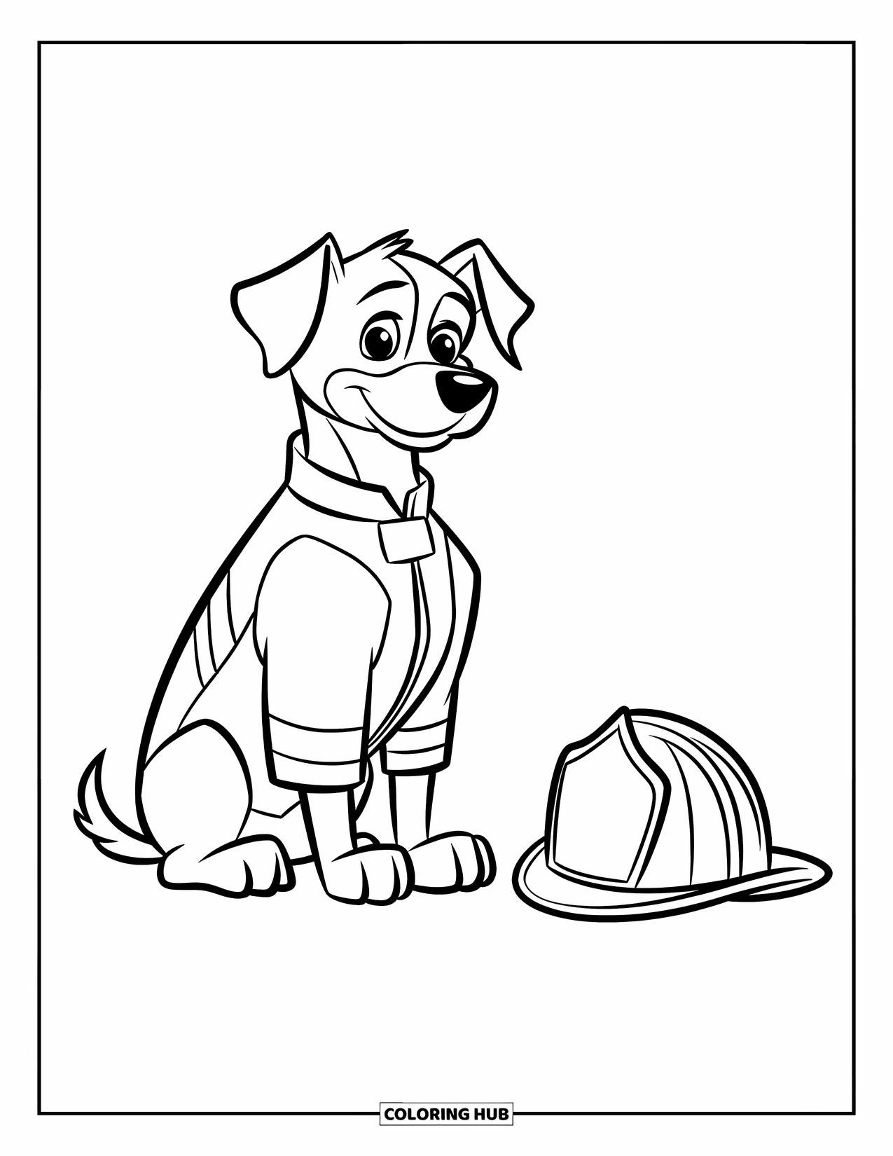 Brandweerman Kleurplaat voor Kinderen: Een brandweerhond zit op de grond met zijn helm naast hem
