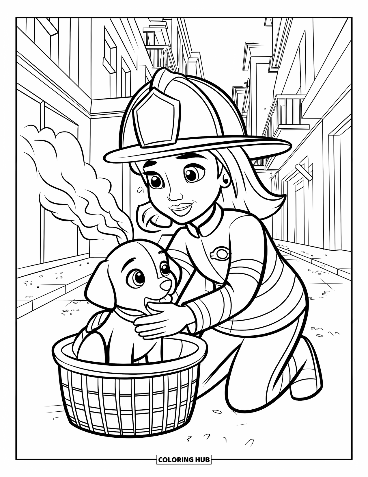 Brandweerman Kleurplaat voor Kinderen: Een brandweermeisje draagt een puppy in veiligheid in een rokerige steeg