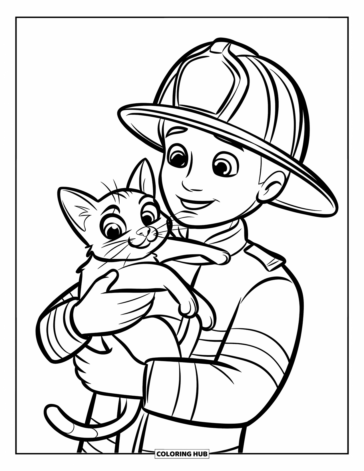 Brandweerman Kleurplaat voor Kinderen: Een brandweerman houdt een kat met grote ogen vast na een dramatische redding