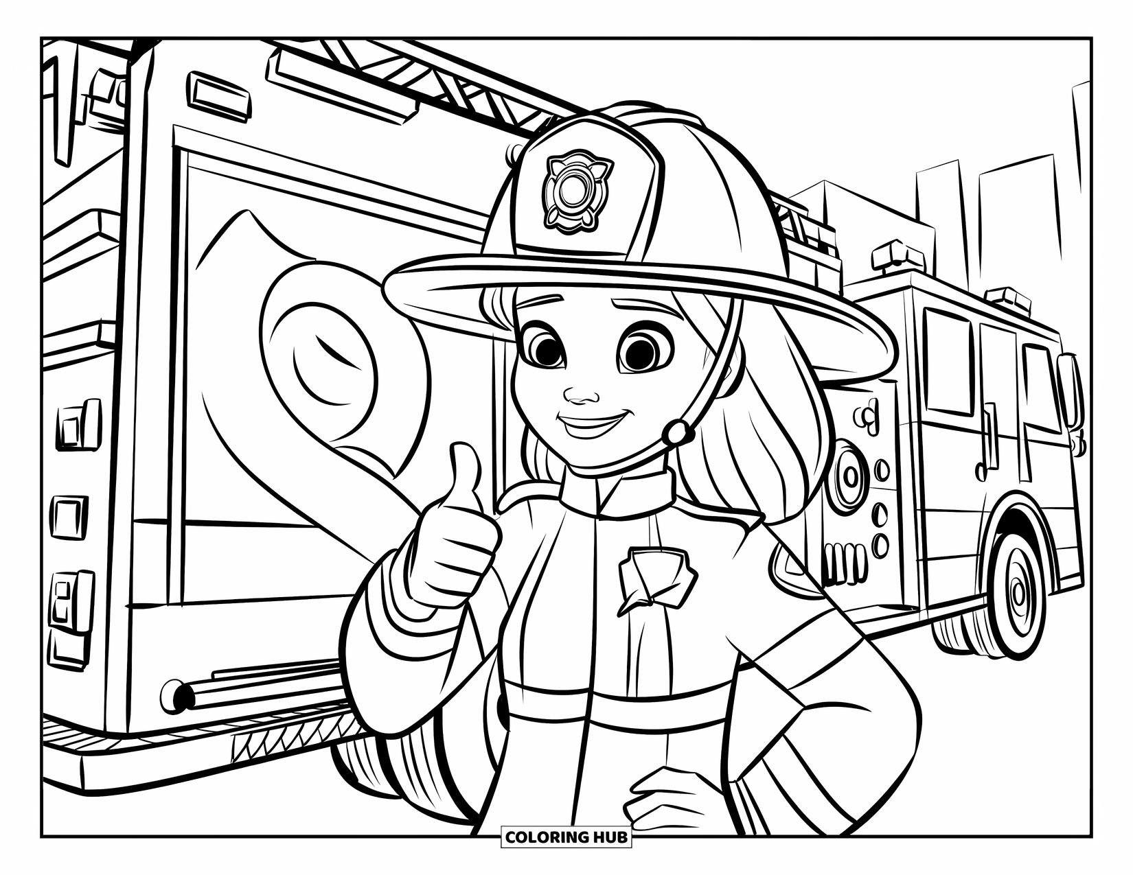 Brandweerman Kleurplaat voor Kinderen: Een brandweermeisje poseert met een duim omhoog naast een brandweerwagen en stadsgebouwen