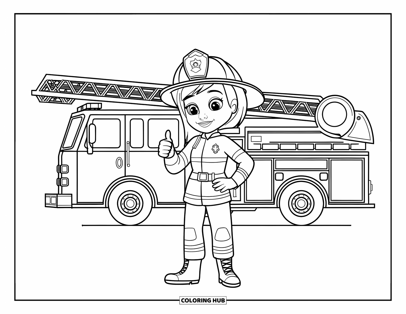 Brandweerman Kleurplaat voor Kinderen: Een brandweermeisje glimlacht en steekt een duim op naast een grote brandweerwagen