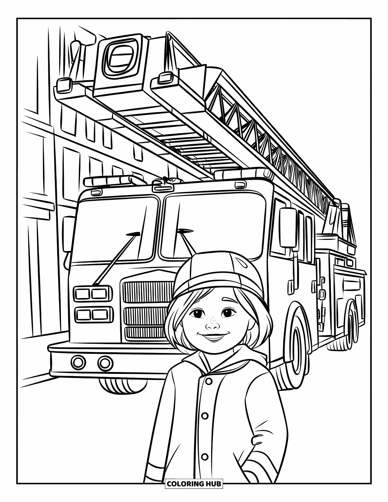 Brandweerman Kleurplaat voor Kinderen: Een vrolijk meisje in een regenjas staat trots voor een grote brandweerwagen