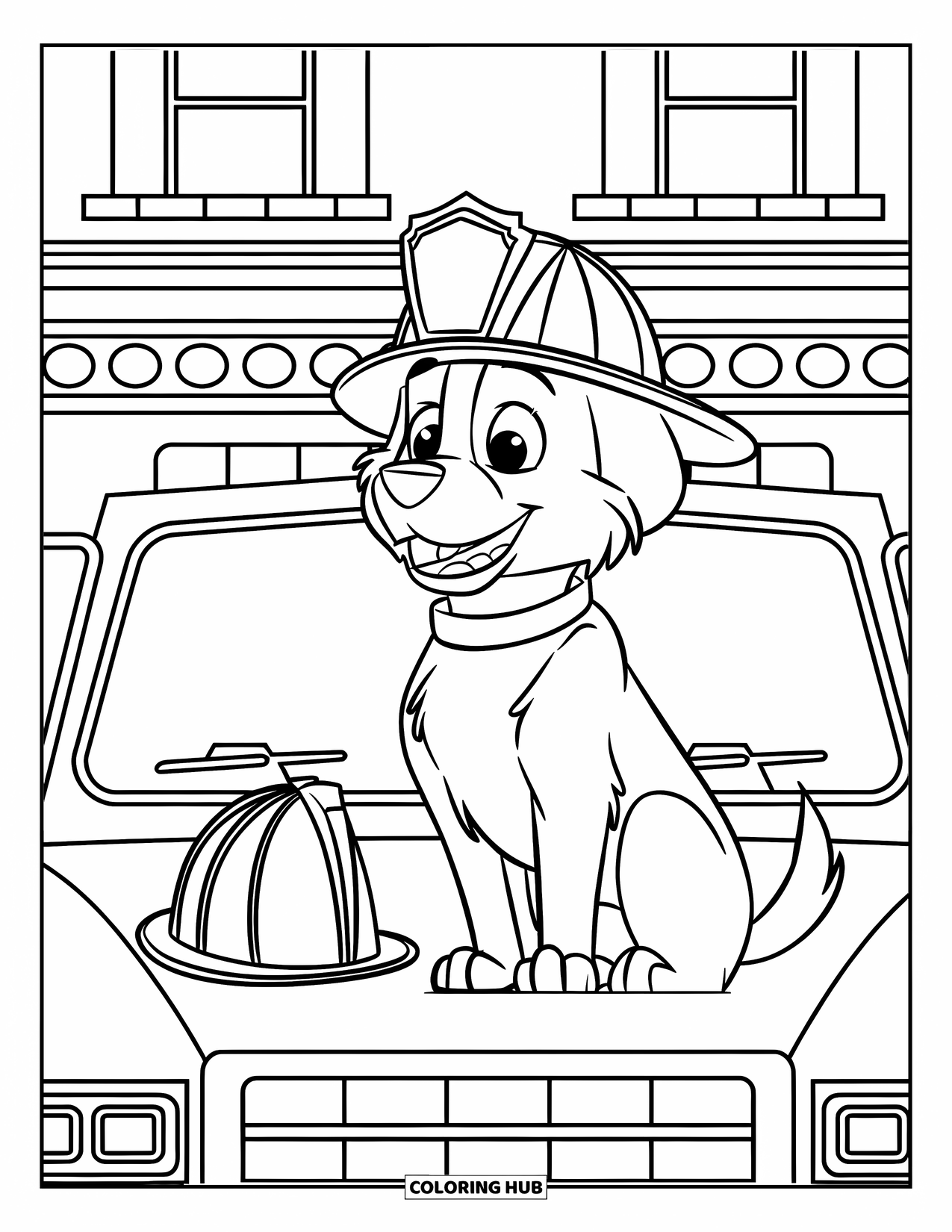 Brandweerman Kleurplaat voor Kinderen: Een brandweerhond met helm rust op een brandweerwagen bij een bakstenen brandweerkazerne