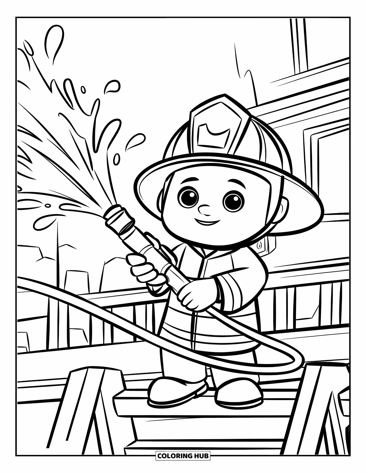Brandweerman Kleurplaat voor Kinderen: Een speelse brandweerman spuit water met een grote glimlach vanaf een ladder