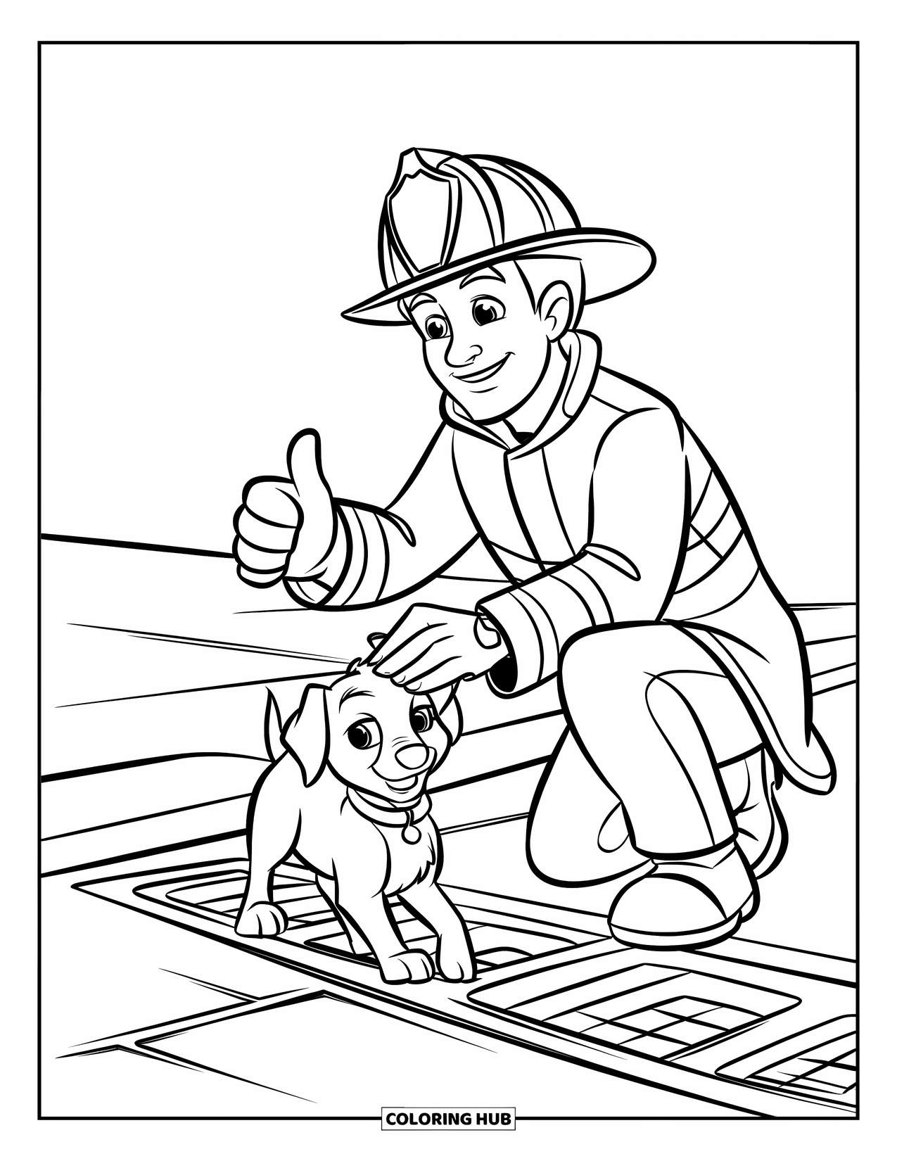 Brandweerman Kleurplaat voor Kinderen: Een lachende brandweerman staat naast een natte puppy op een stadsstraat
