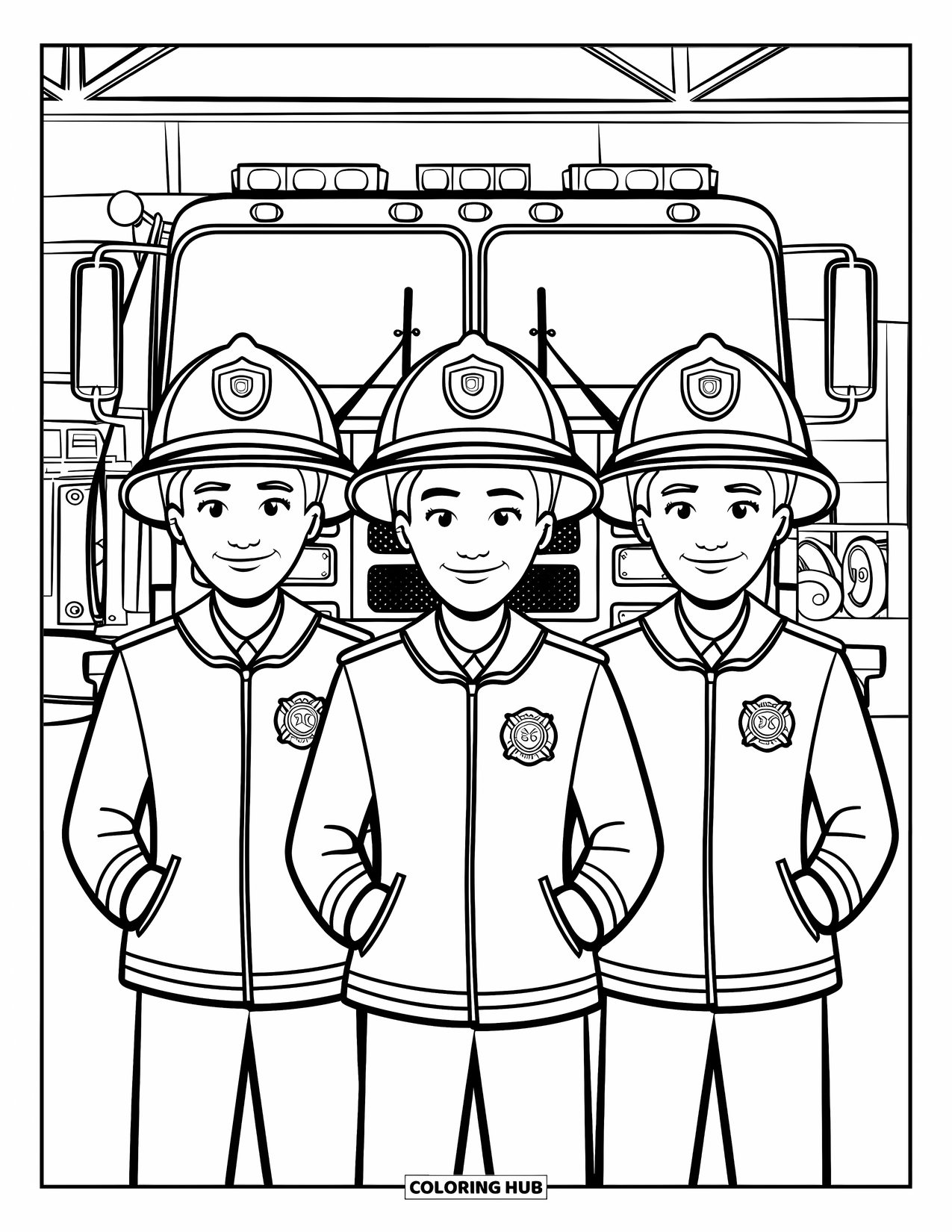 Brandweerman Kleurplaat voor Kinderen: Drie brandweermannen staan trots voor hun brandweerwagen bij de kazerne