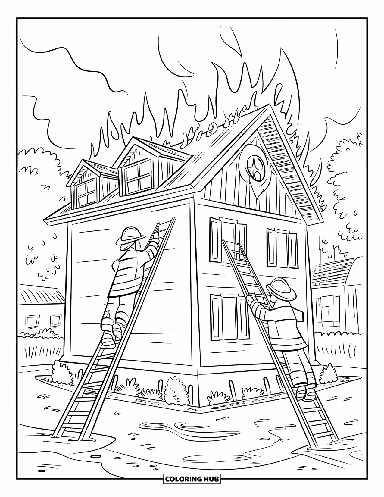 Brandweerman Kleurplaat voor Kinderen: Twee brandweermannen op ladders proberen een huisbrand te blussen met rook eromheen