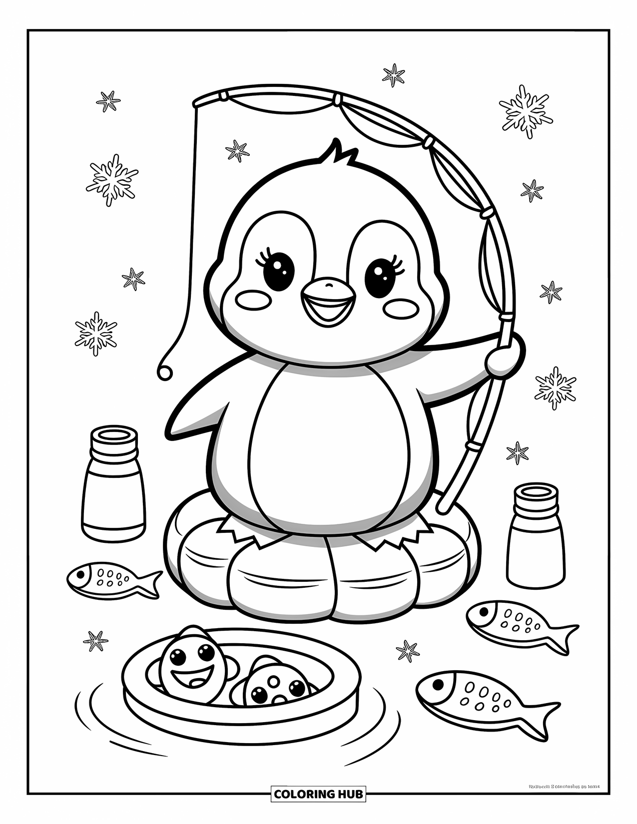 Desenho de Pescaria para Colorir para Adultos: Um pinguim bebê pesca através do gelo com flocos de neve, um termo e peixes curiosos