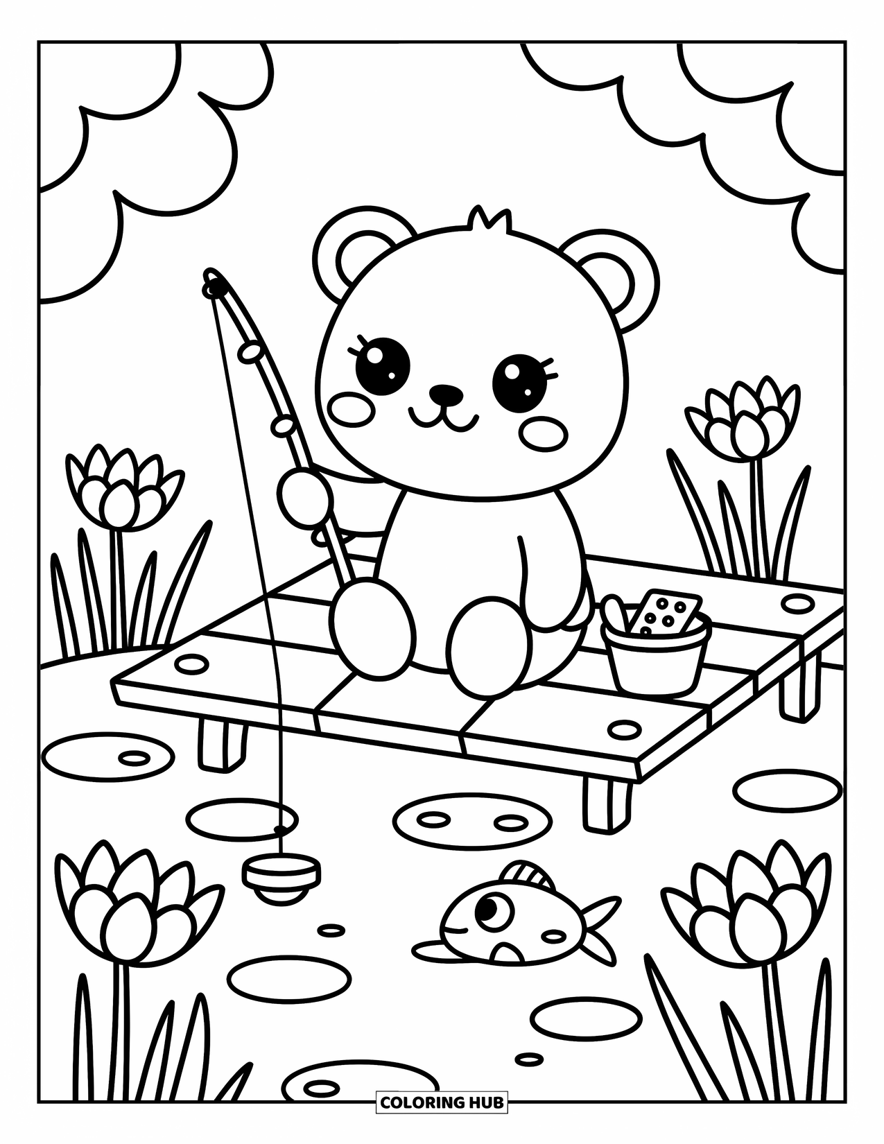 Desenho de Pescaria para Colorir para Adultos: Um urso pesca em uma doca com lanches, um balde e um peixe brincalhão por perto