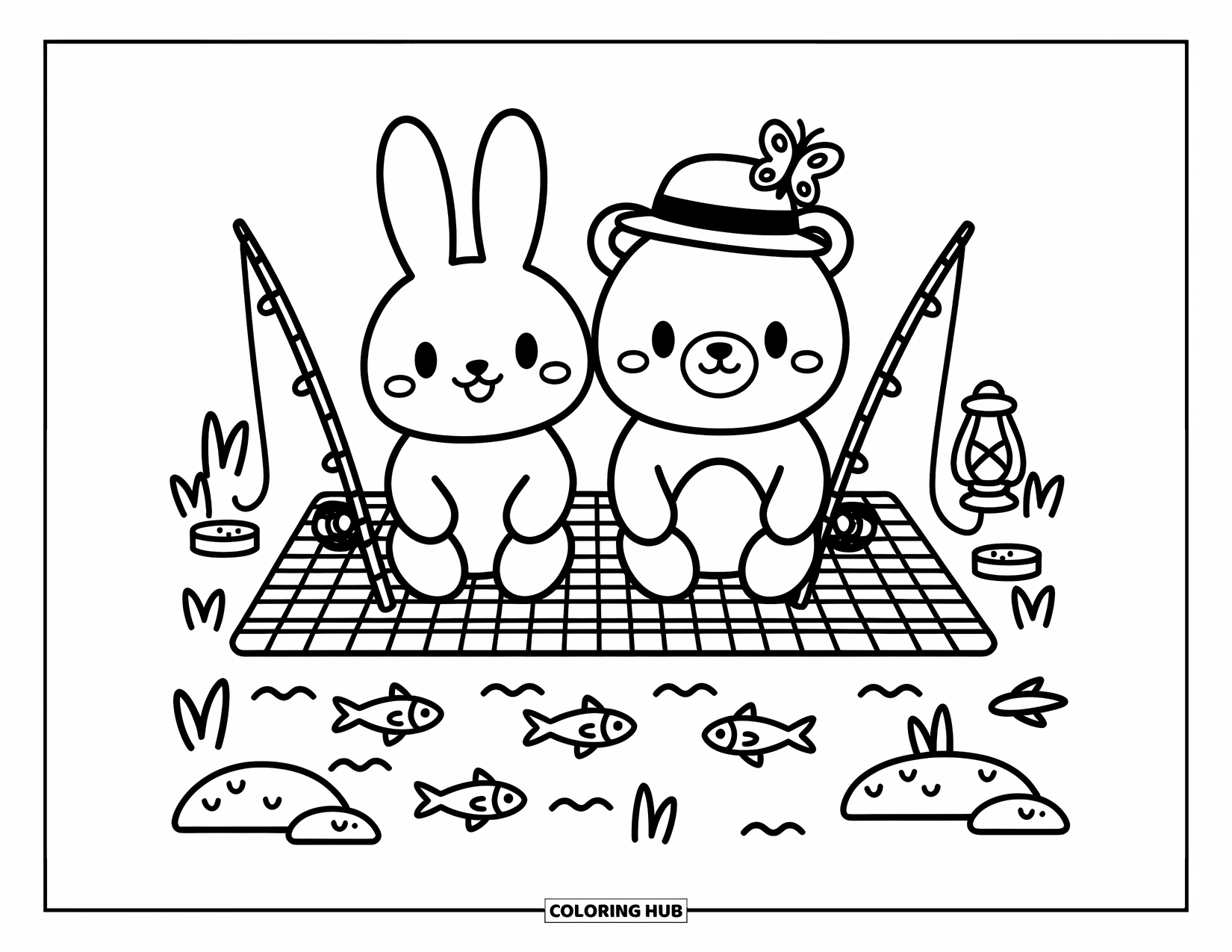 Desenho de Pescaria para Colorir para Adultos: Um coelho e um urso pescam perto do lago com lanches, uma lanterna e uma borboleta