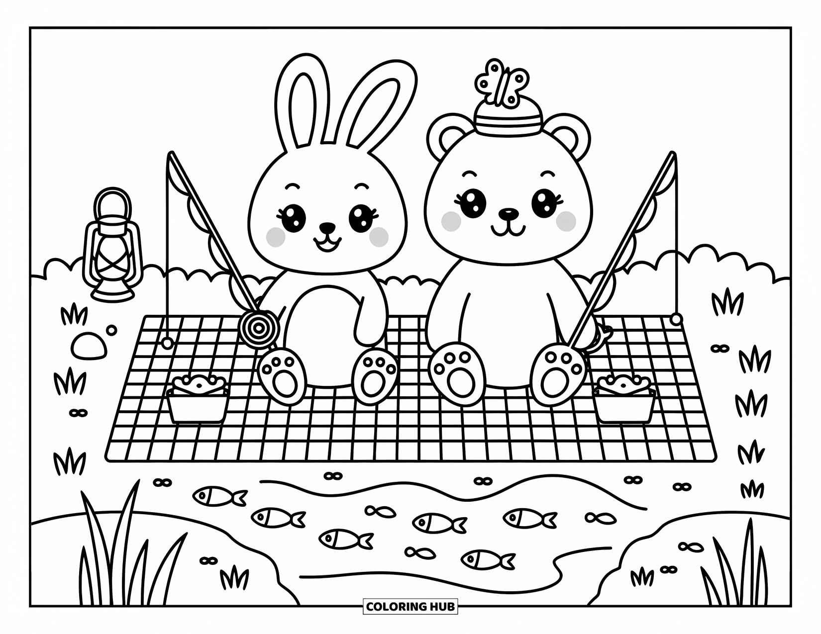 Desenho de Pescaria para Colorir para Adultos: Um coelho e um urso sentam-se pescando perto do lago com detalhes aconchegantes e uma borboleta