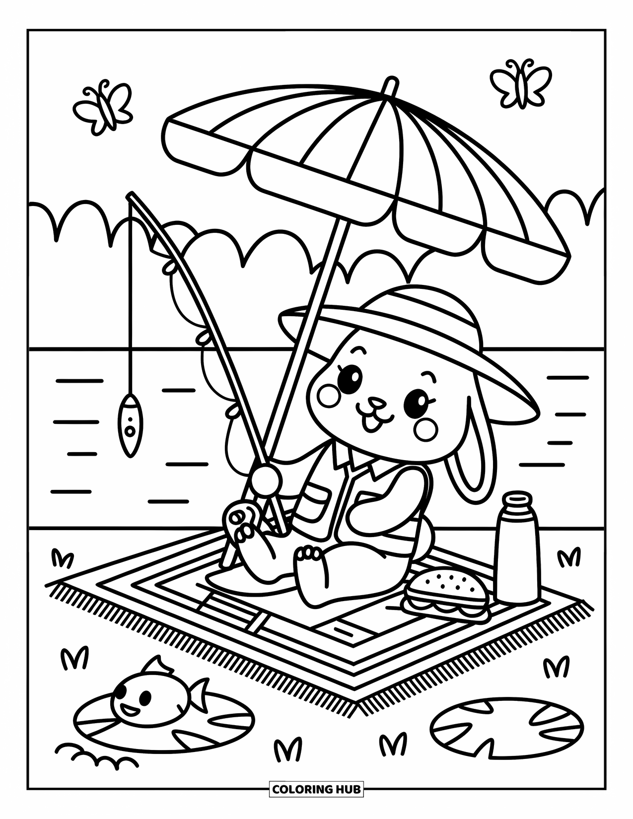 Desenho de Pescaria para Colorir para Adultos: Um coelho pesca perto de um lago sob um guarda-chuva com um termo, lanches e borboletas