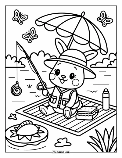 Fishing Coloring Page for Adults: A bunny in a vest fishes by the lake with a sandwich, butterflies, and a smiling fish