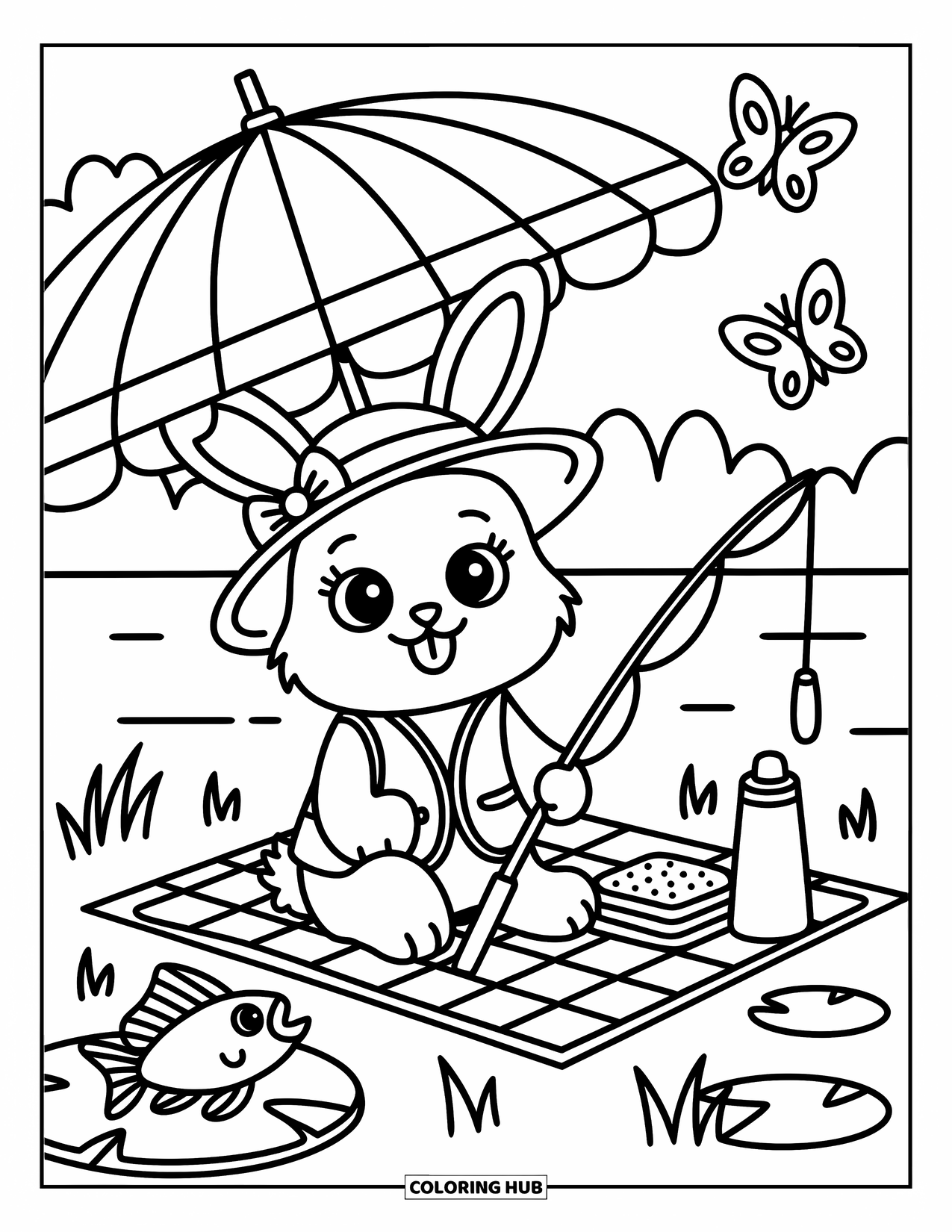 Desenho de Pescaria para Colorir para Adultos: Um coelho relaxa sob um guarda-chuva pescando perto do lago com lanches e borboletas