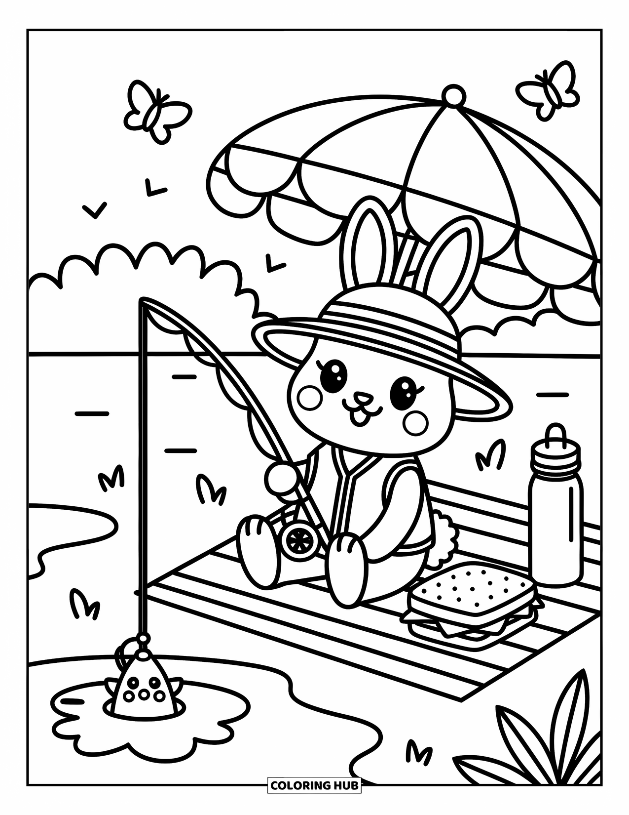Desenho de Pescaria para Colorir para Adultos: Um coelho descansa sob um guarda-chuva, pescando perto do lago com um peixe sorridente por perto
