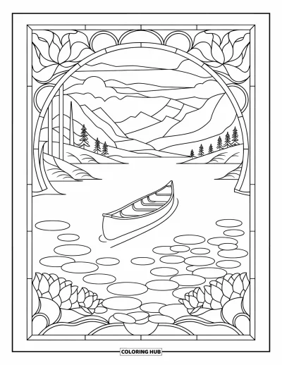 Fishing Coloring Page for Adults: A canoe drifts on a still lake framed by stained glass lotus and lily pads