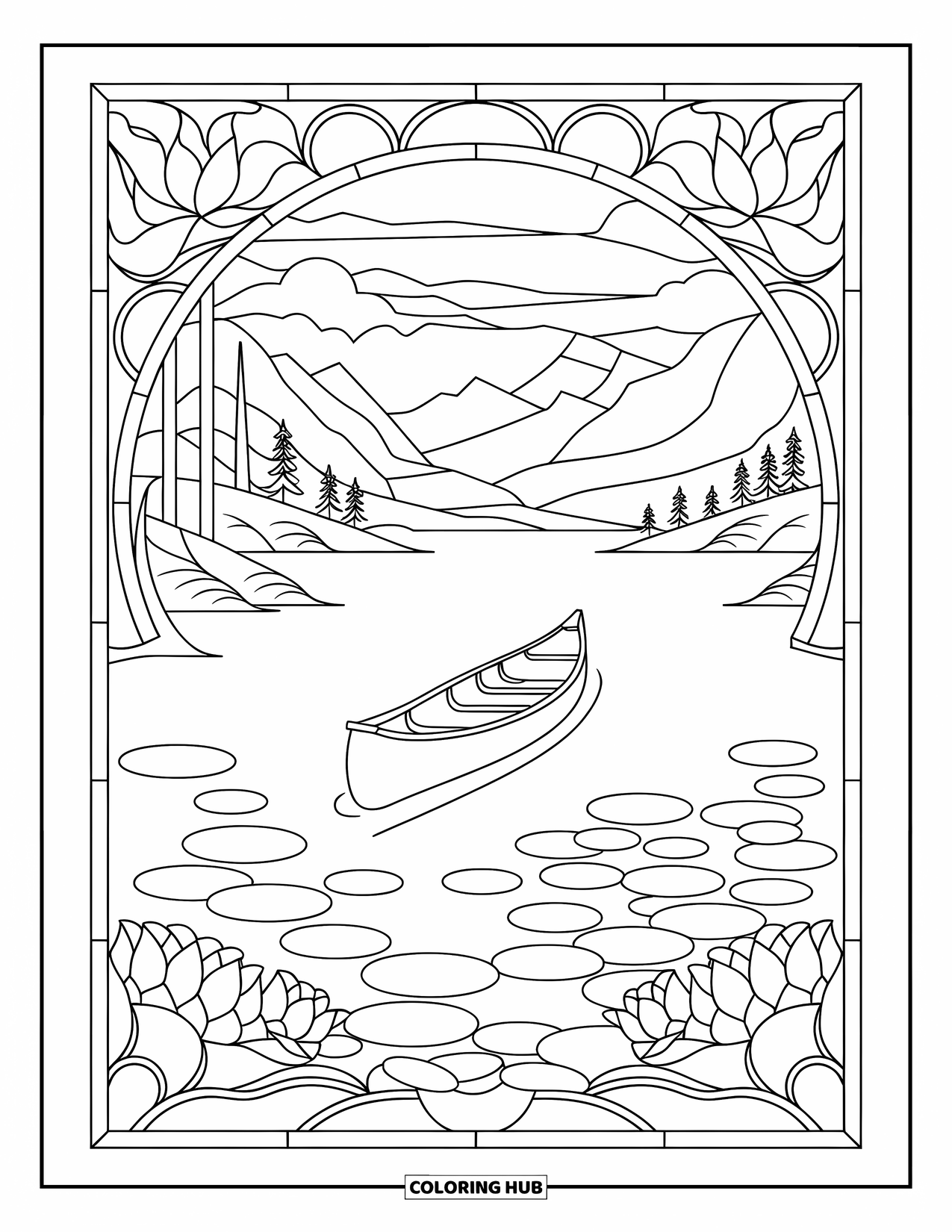 Desenho de Pescaria para Colorir para Adultos: Uma canoa deriva em um lago calmo emoldurado por lótus e nenúfares de vitral