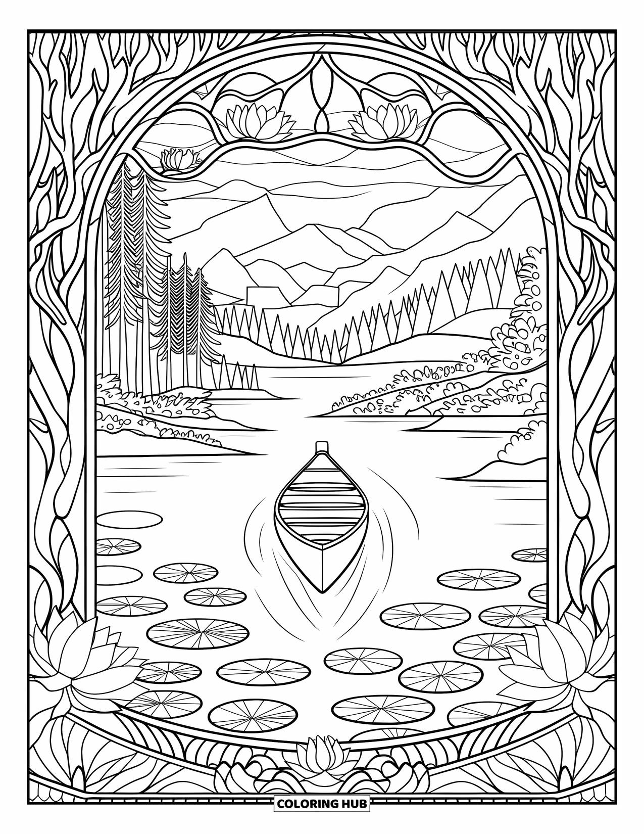 Desenho de pesca para colorir para adultos: Uma canoa flutua na floresta, emoldurada por vitrais e água cheia de lótus