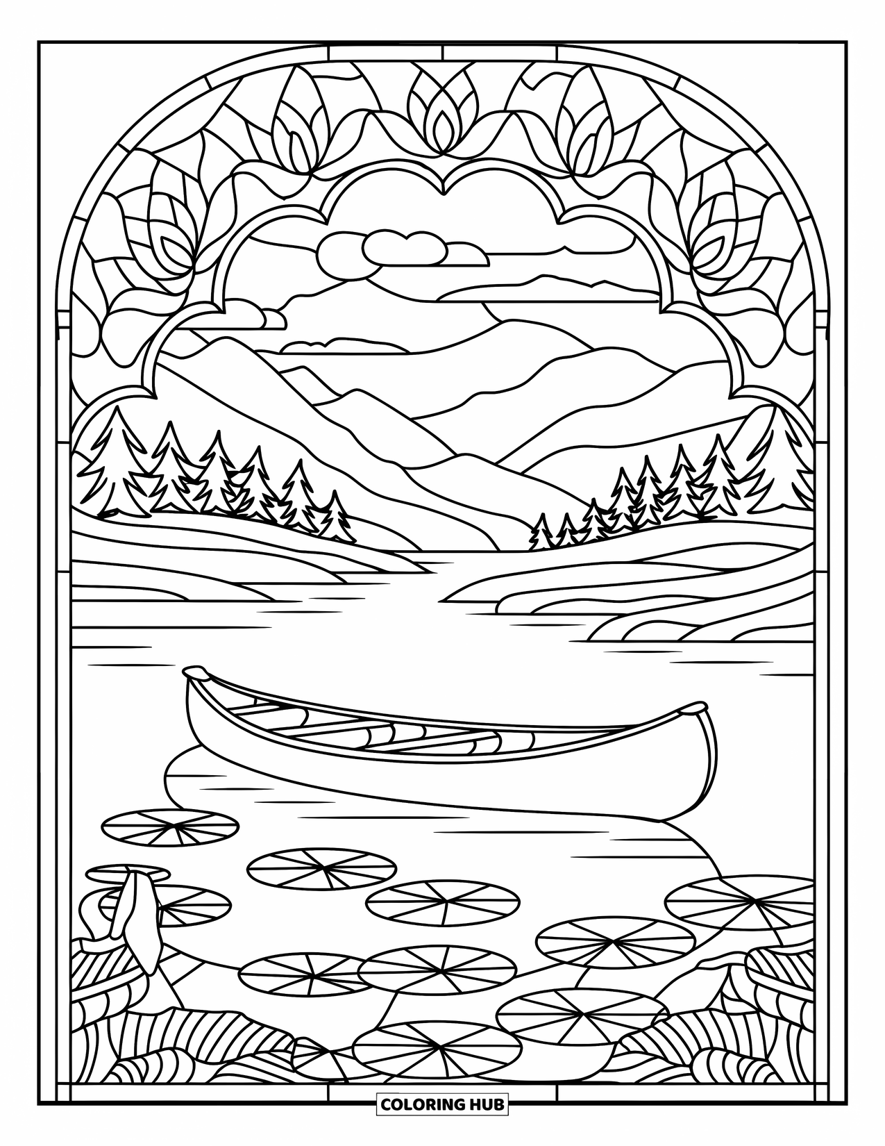 Desenho de Pescaria para Colorir para Adultos: Uma canoa em um lago está dentro de uma moldura de vitral de lótus e nenúfar