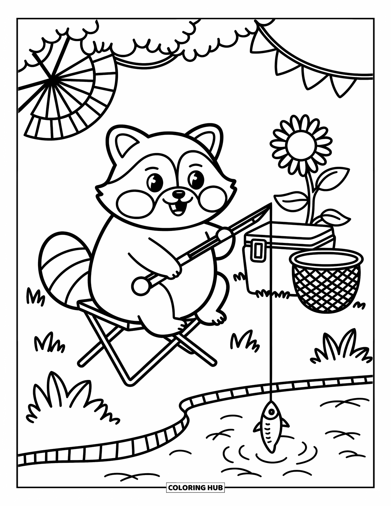 Desenho de Pescaria para Colorir para Adultos: Um guaxinim gordinho pesca perto de um riacho com um girassol, um leque e pequenos peixes brincalhões