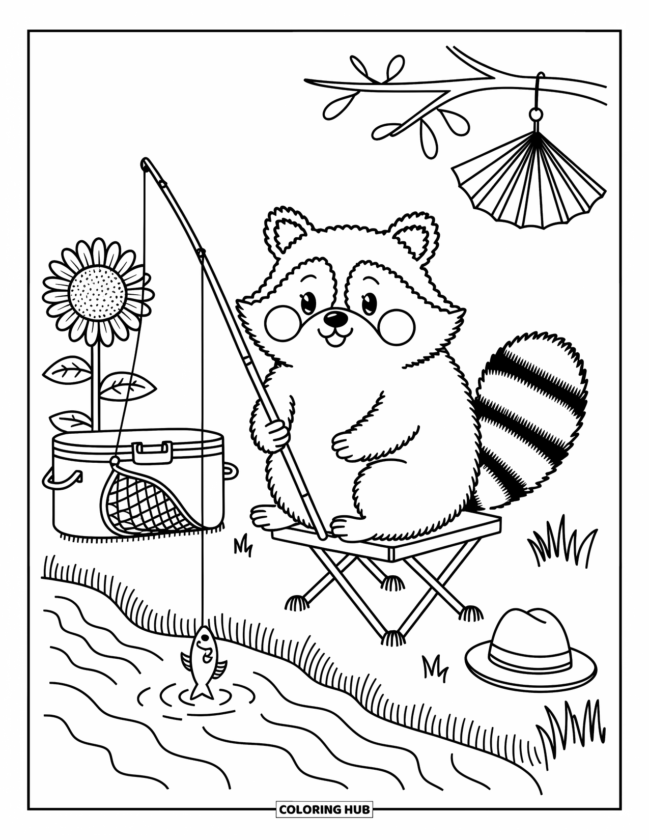 Desenho de Pescaria para Colorir para Adultos: Um guaxinim gordinho pesca perto de um riacho com lanches, um girassol e um chapéu pendurado