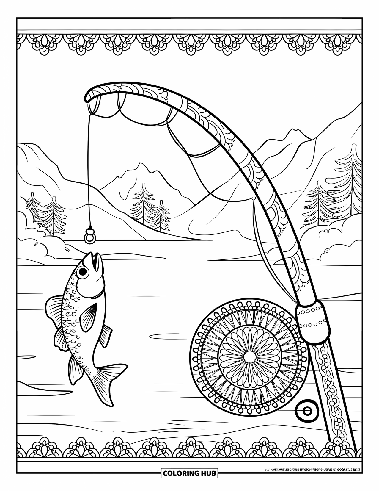 Desenho de Pescaria para Colorir para Adultos: Um peixe está pendurado em uma vara cercada por padrões de mandala florais e de renda